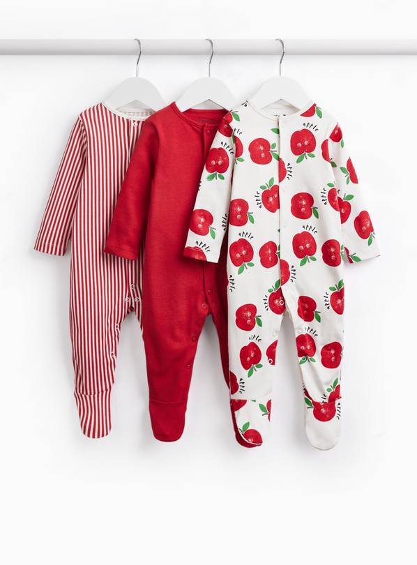 Apple & Stripe Print Sleepsuits 3 Pack Up to 1 mth