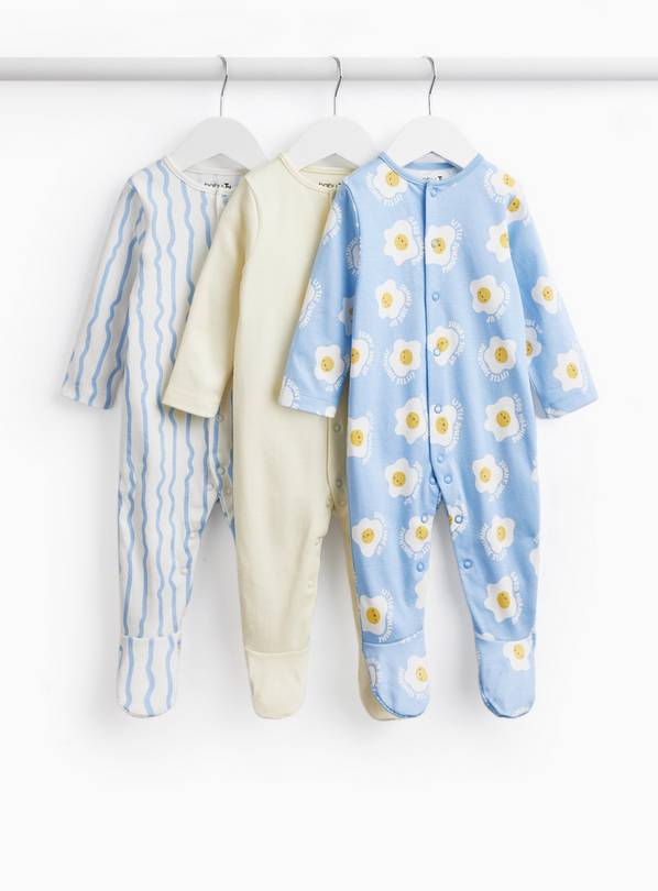 Egg & Stripe Print Sleepsuits 3 Pack Up to 3 mths