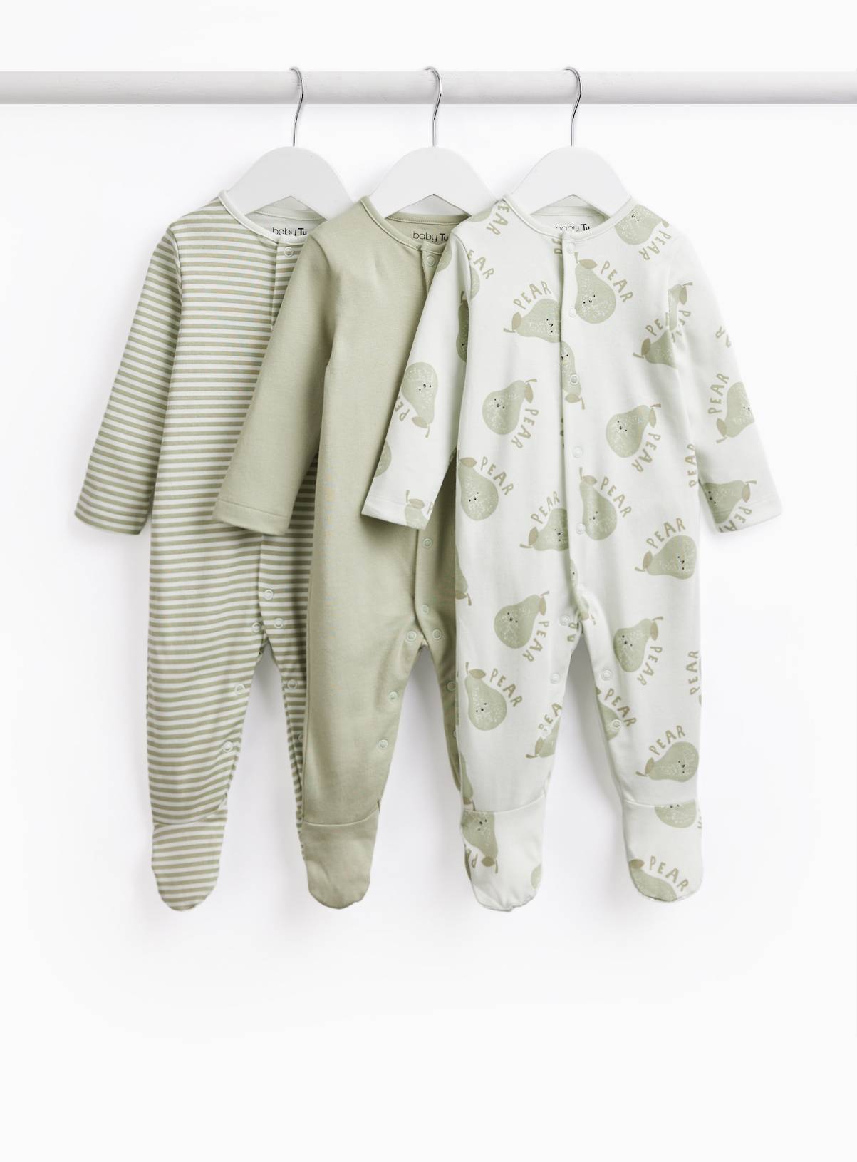 Pear & Stripe Print Sleepsuits 3 Pack Newborn - Image 1