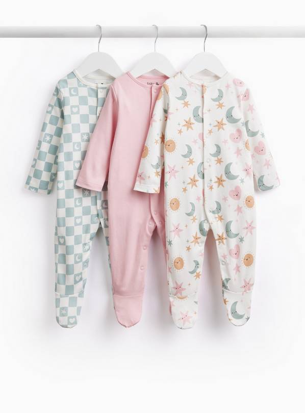 Hearts & Stars Print Sleepsuits 3 Pack Newborn