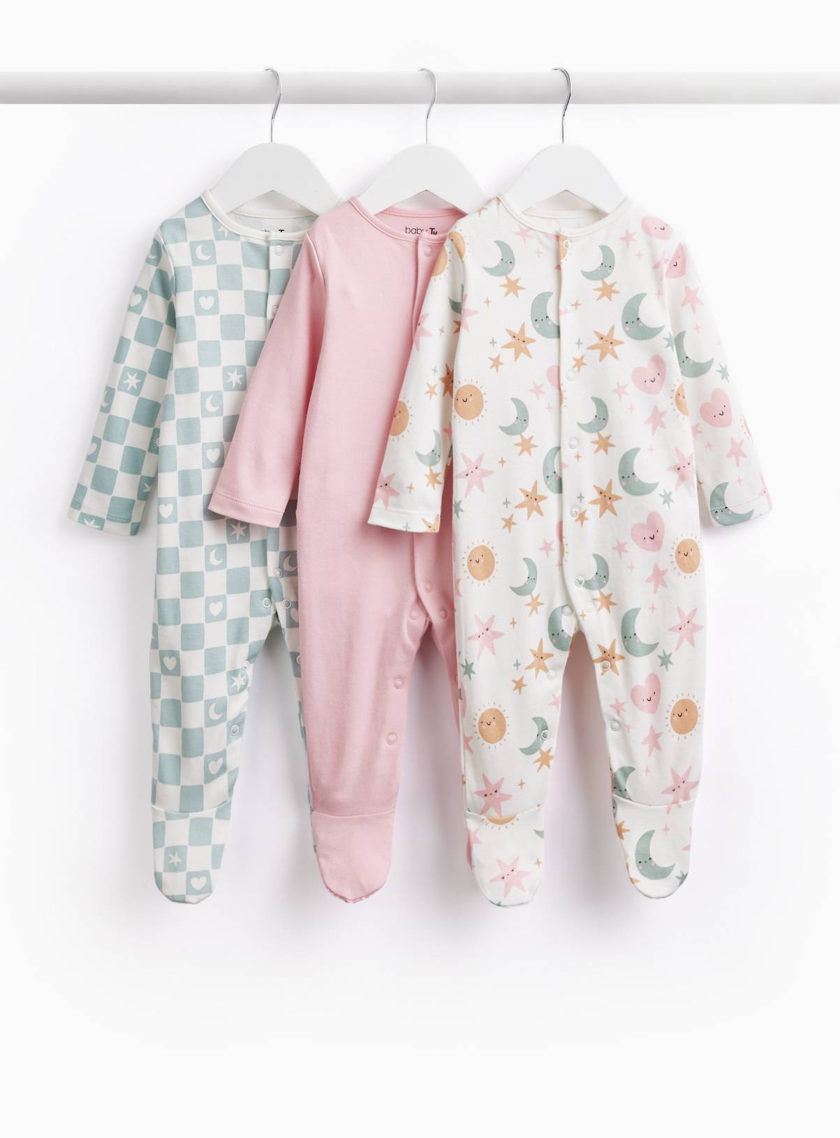 Hearts & Stars Print Sleepsuits 3 Pack 3-6 months - Image 1