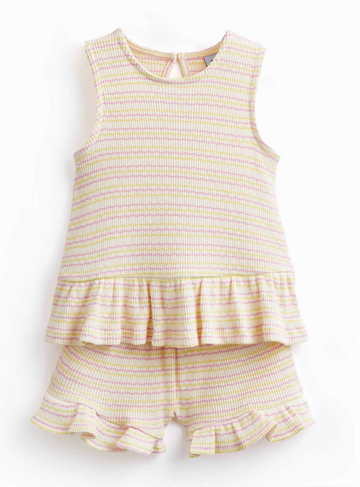 Cream & Pink Stripe Print Peplum Vest & Shorts Set 6-7 years - Image 1