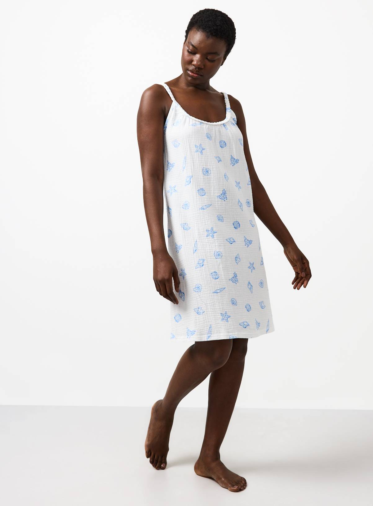White Shell Print Double Cloth Chemise Night Shirt S - Image 2