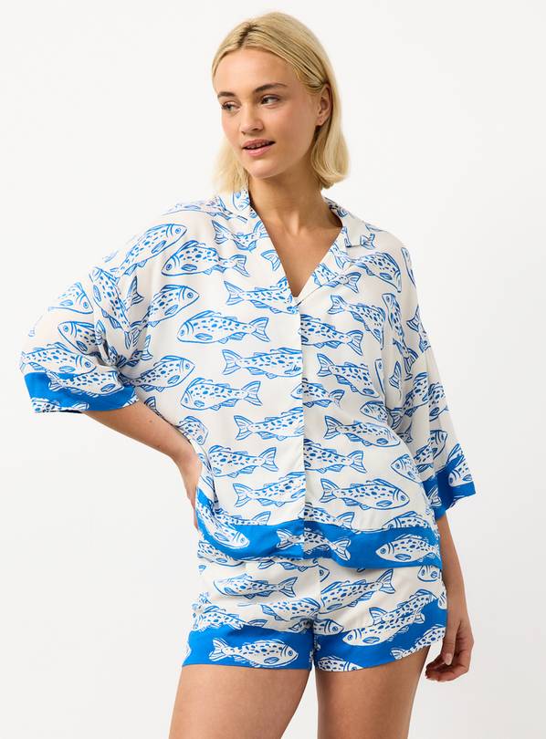 Blue Fish Print Shortie Traditional Pyjamas XXL