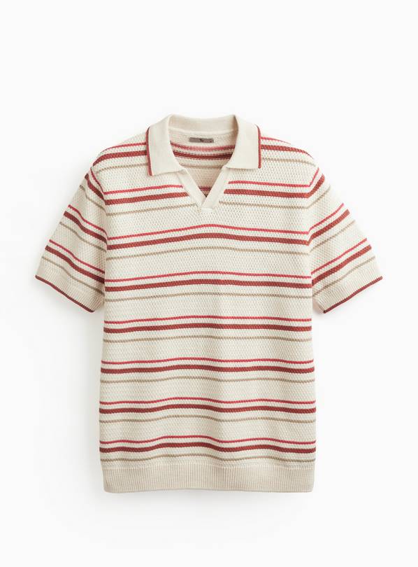 Red Tonal Stripe Trophy Neck Knitted Polo L