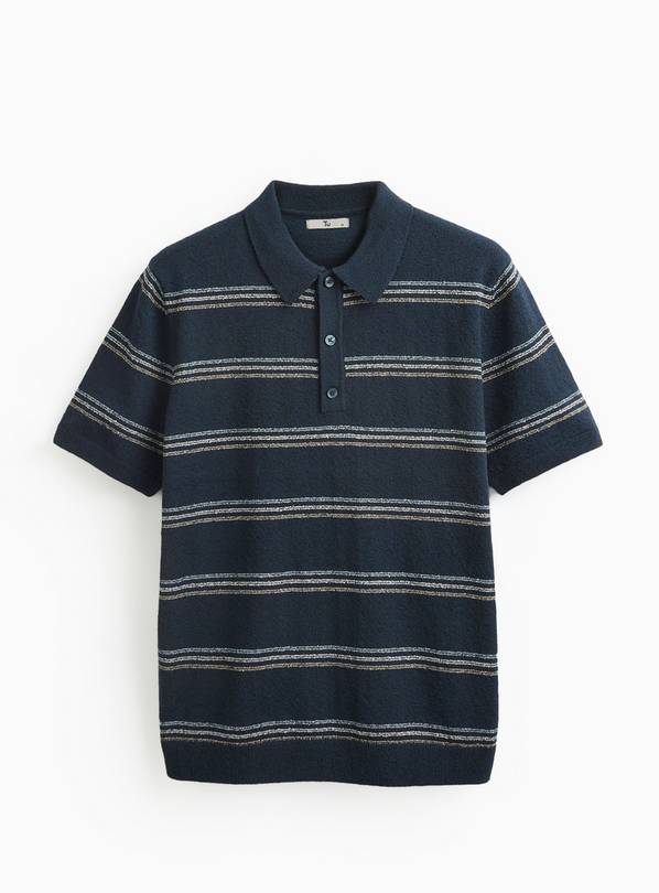 Navy Stripe Boucle Knitted Polo Shirt XL