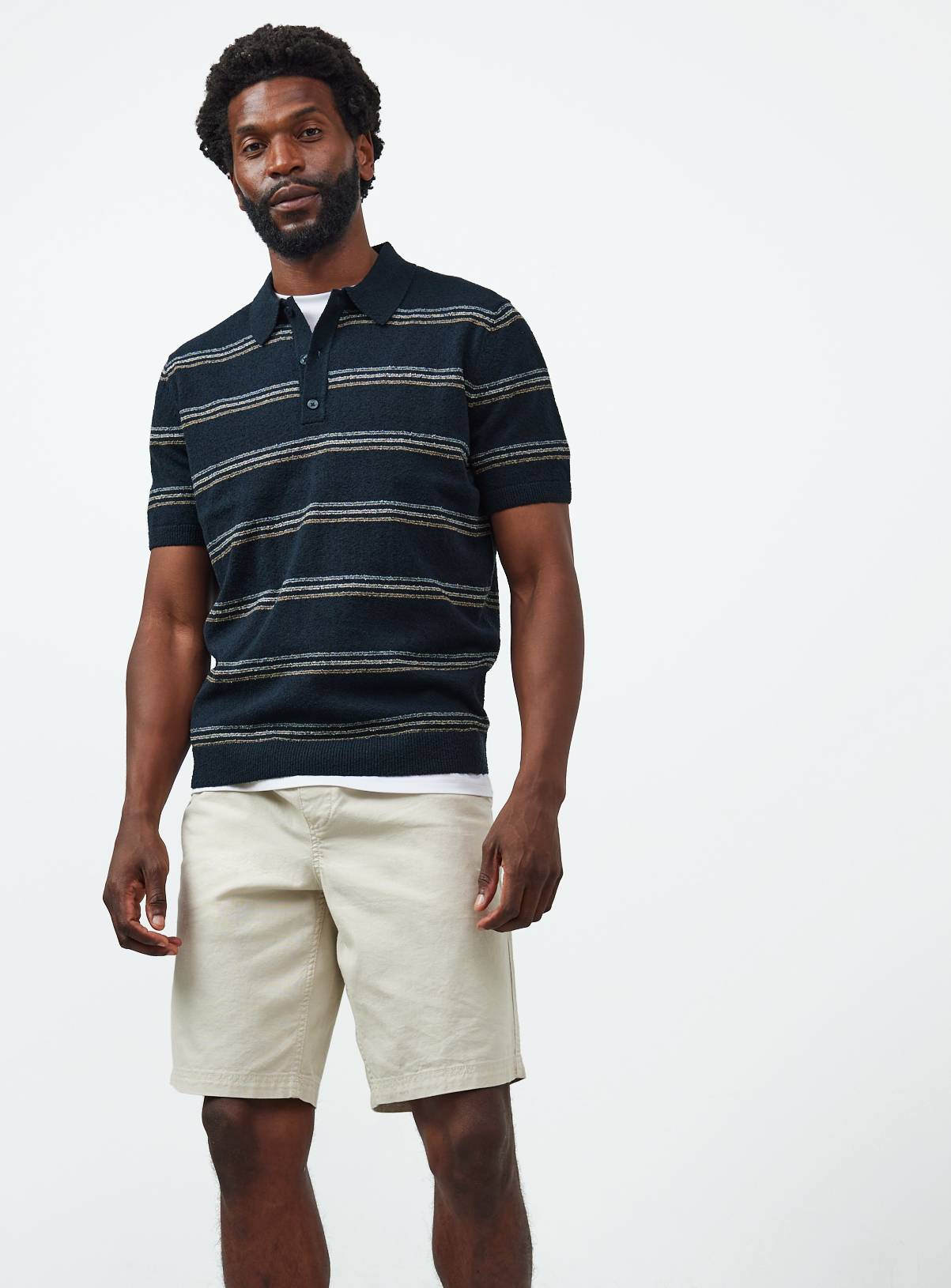 Navy Stripe Boucle Knitted Polo Shirt L - Image 2
