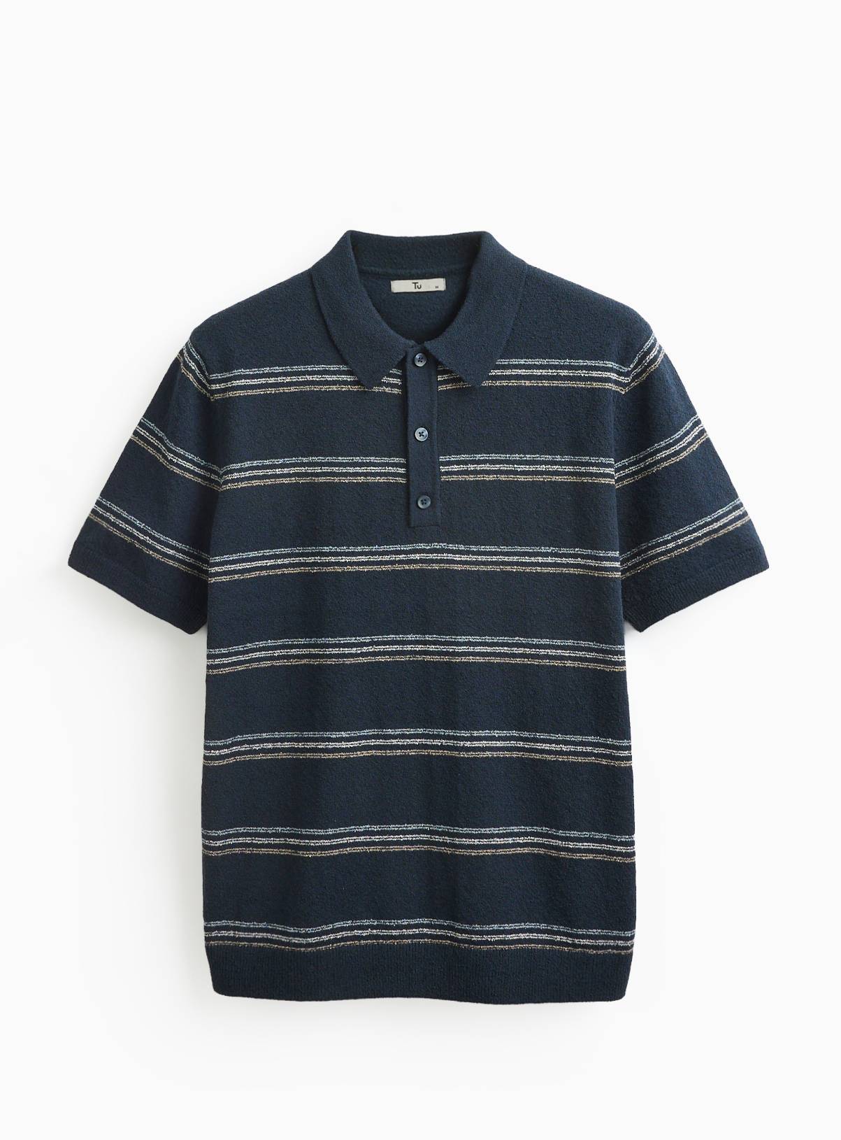 Navy Stripe Boucle Knitted Polo Shirt L - Image 3