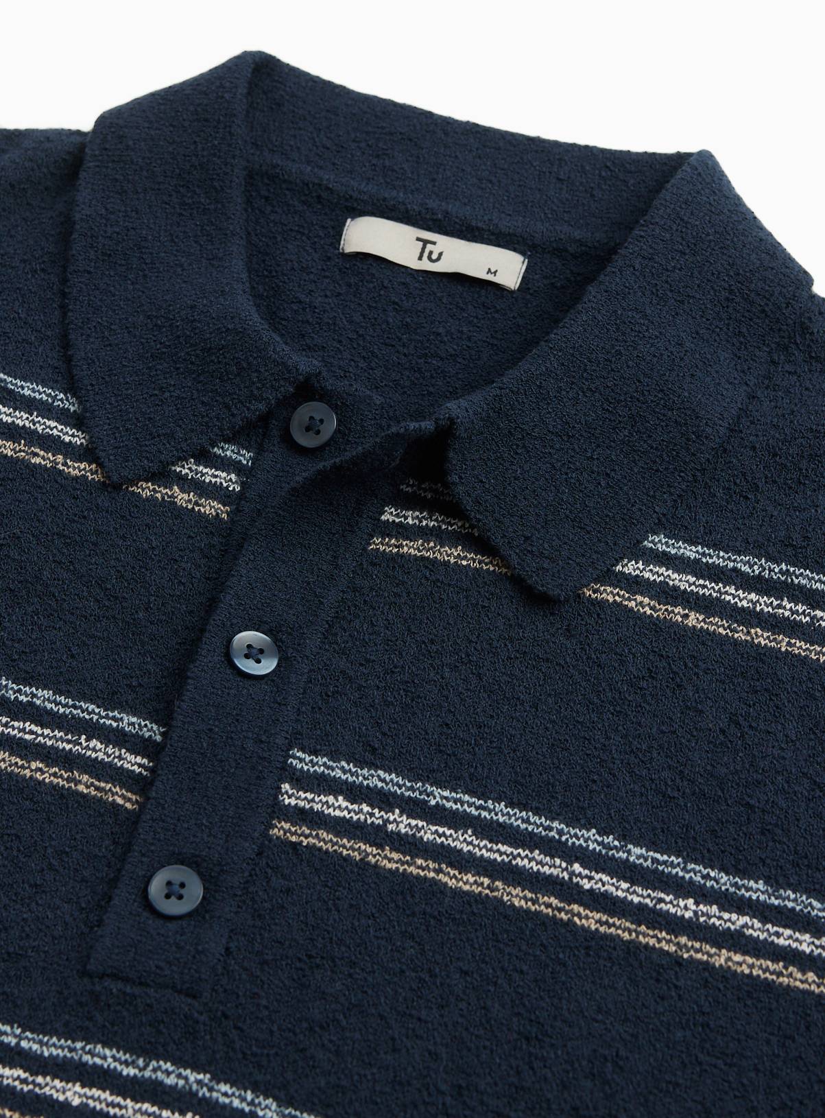 Navy Stripe Boucle Knitted Polo Shirt L - Image 4