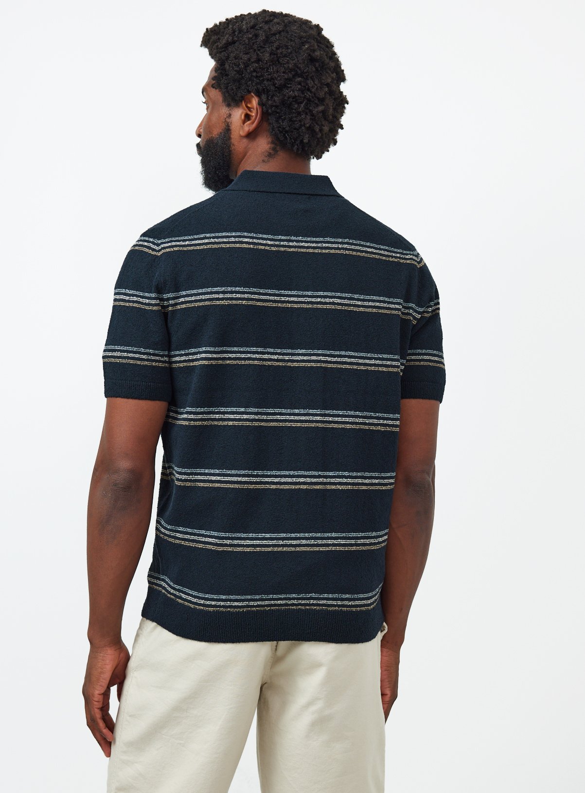 Navy Stripe Boucle Knitted Polo Shirt L - Image 5 thumbnail