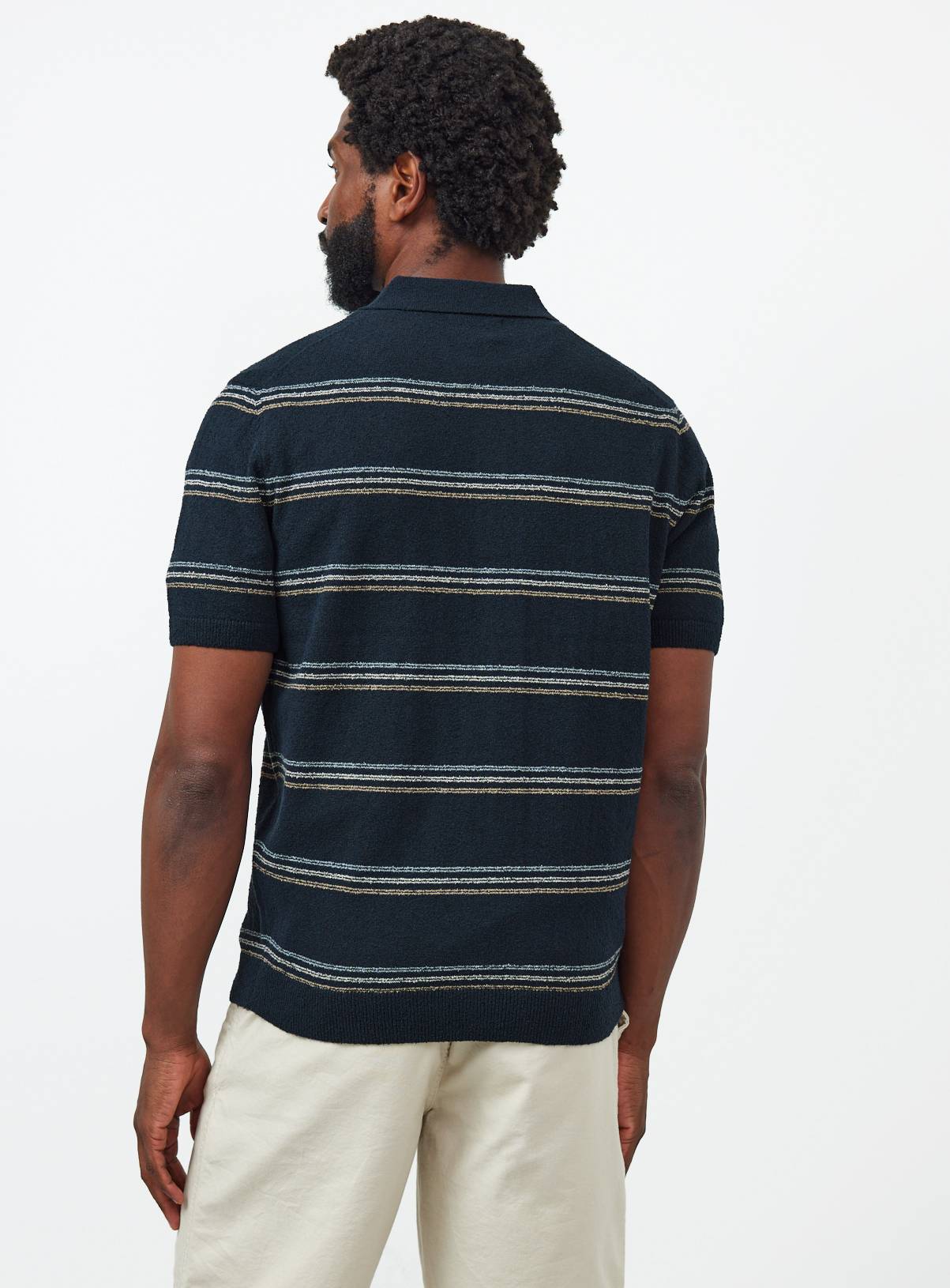 Navy Stripe Boucle Knitted Polo Shirt L - Image 5