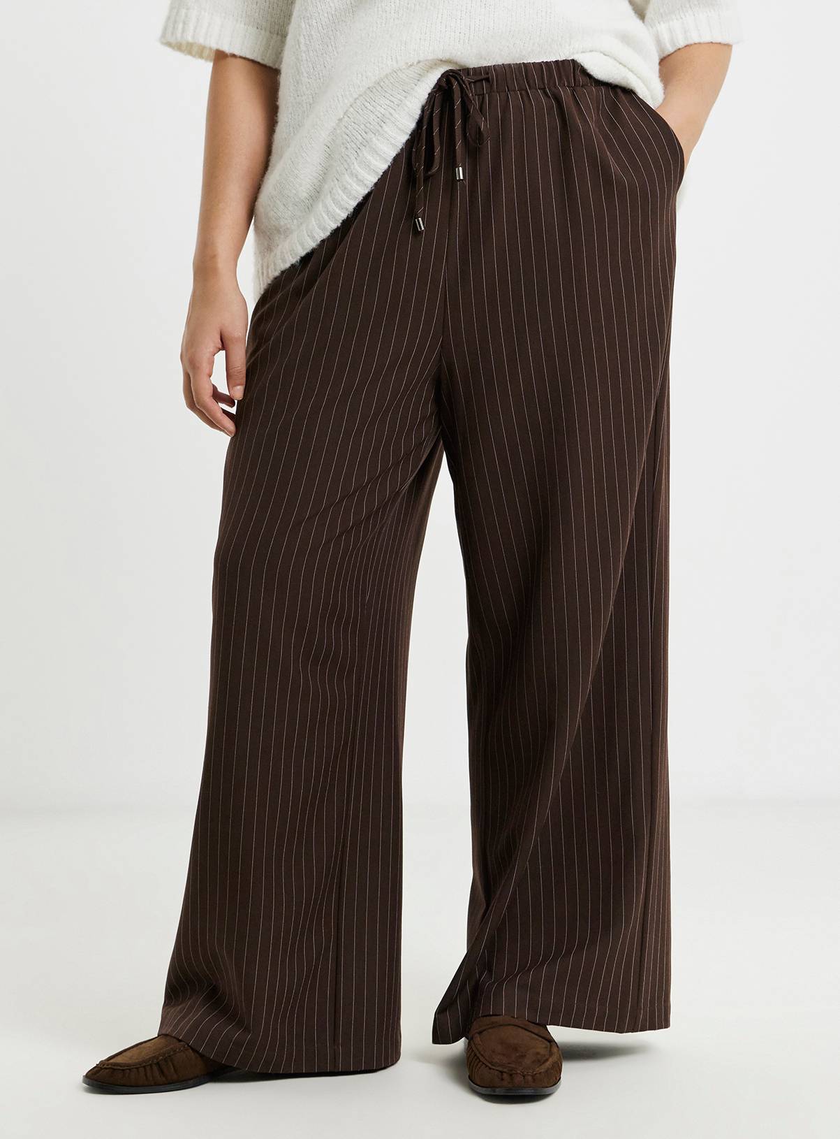SIMPLY BE Pinstripe Drawstring Wide Leg Trousers 32 - Image 3