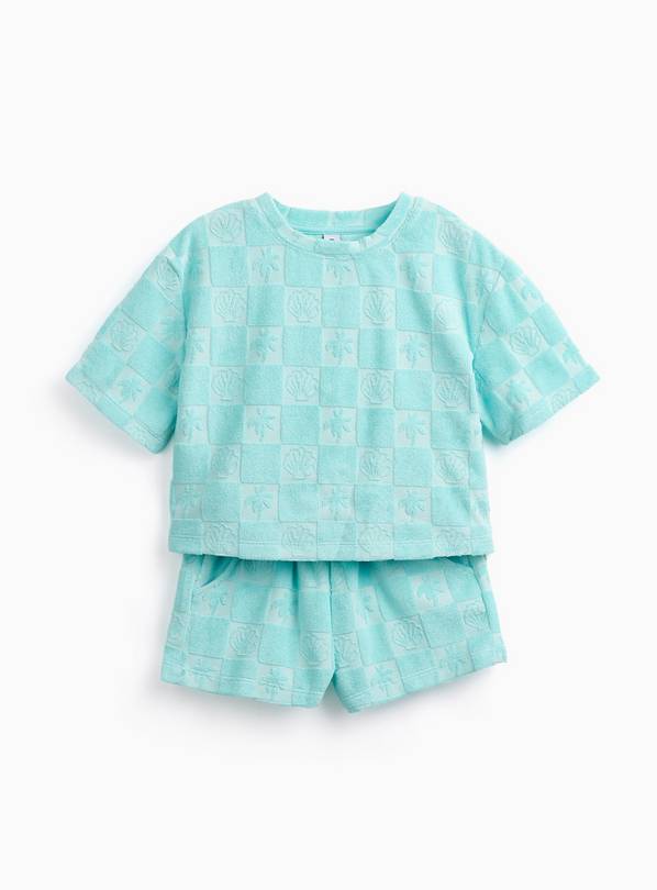 Turquoise Checkerboard Print T-Shirt & Shorts Towelling Set 3-4 years