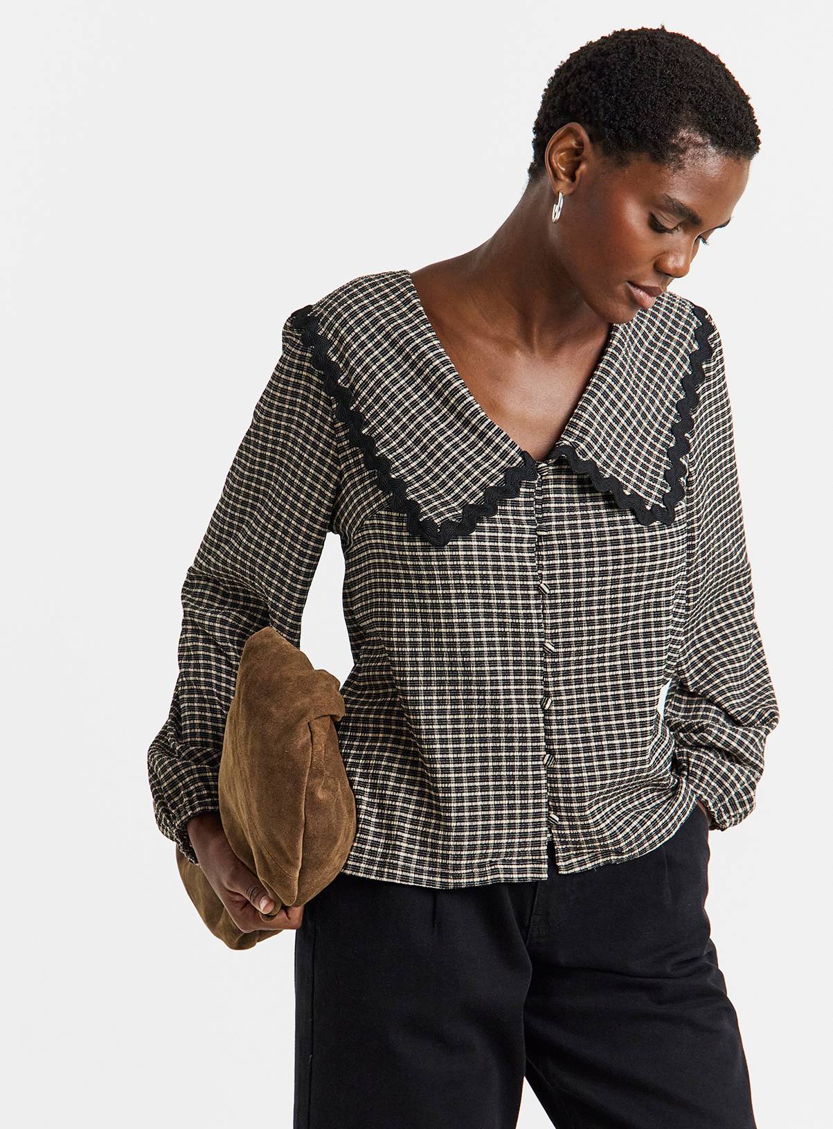 JD WILLIAMS Gingham Collar Button Through Blouson Top 26 - Image 1