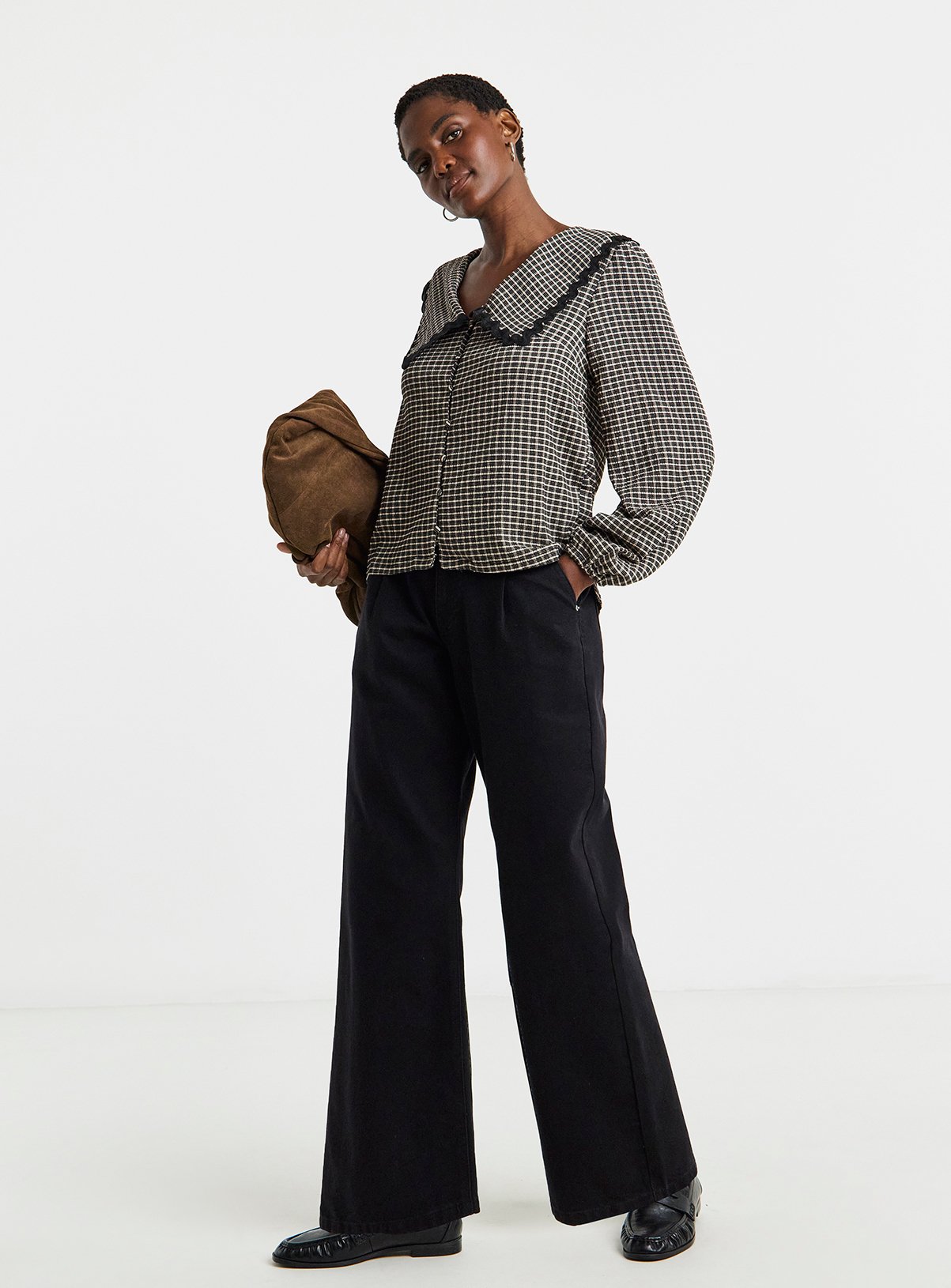 JD WILLIAMS Gingham Collar Button Through Blouson Top 26 - Image 3 thumbnail