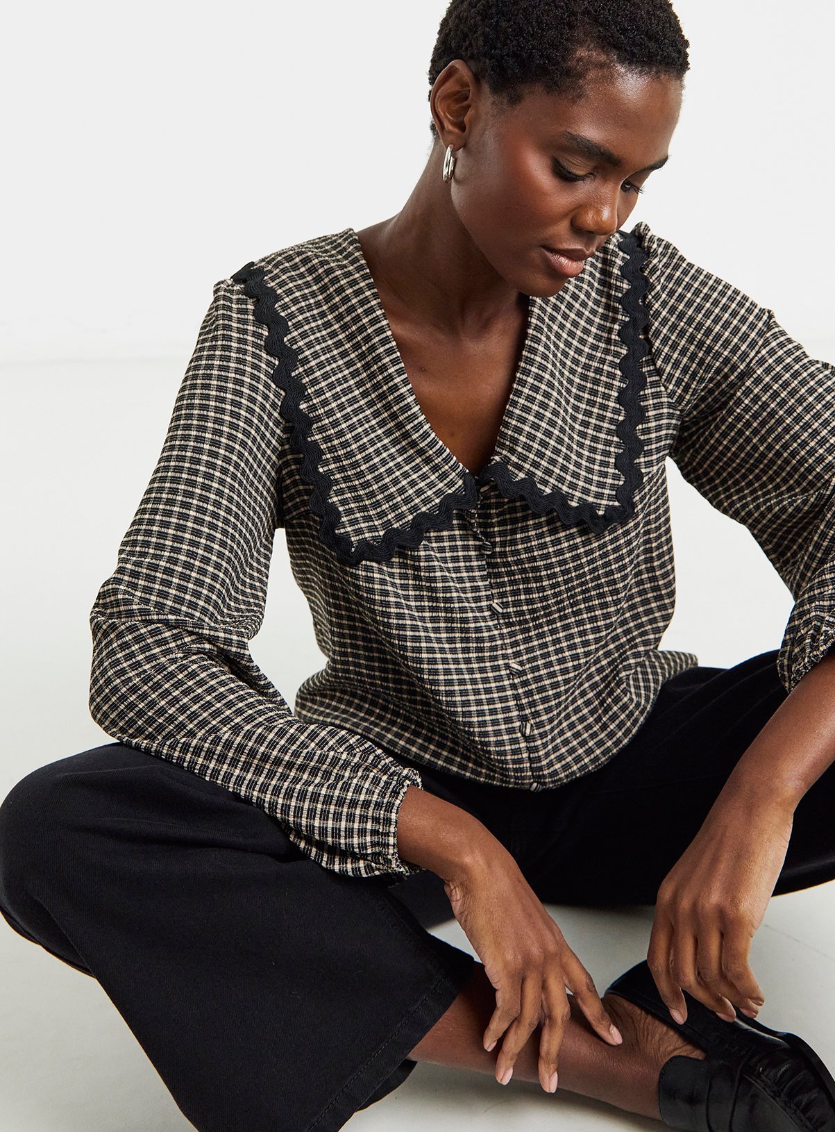 JD WILLIAMS Gingham Collar Button Through Blouson Top 26 - Image 4 thumbnail