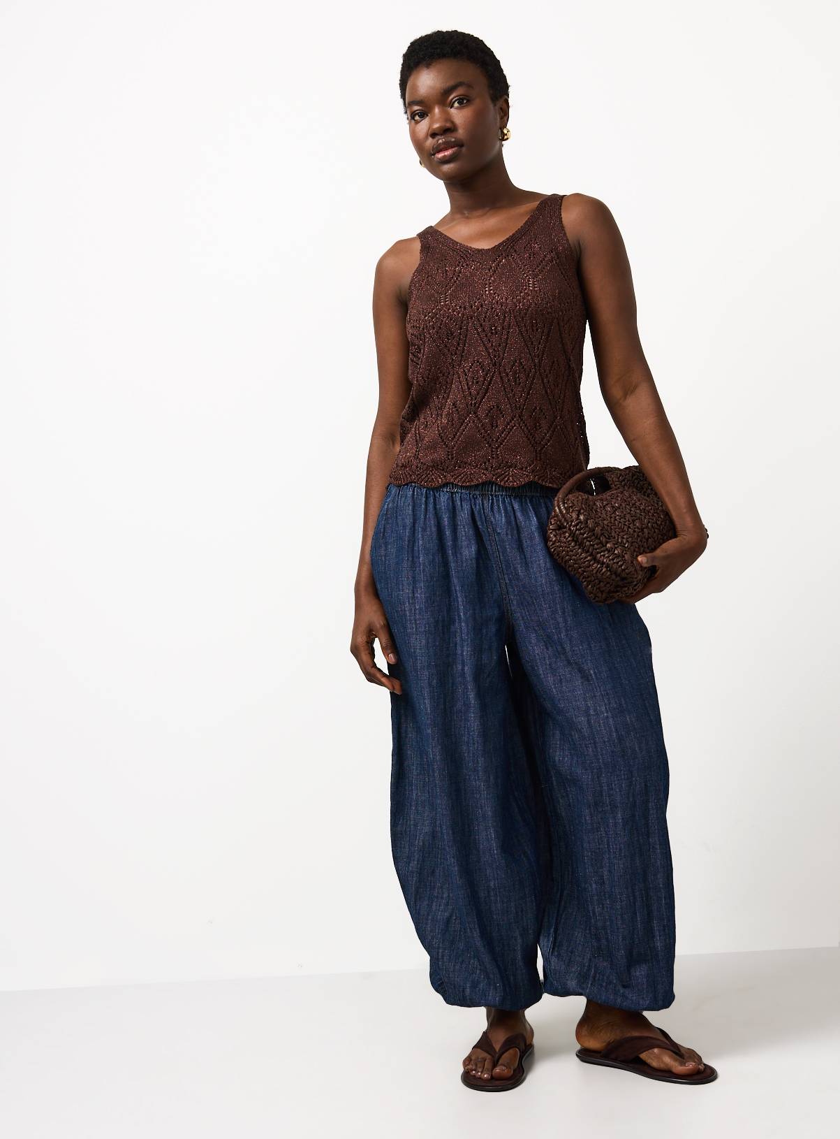Brown Metallic Pointelle Knitted Vest S - Image 3