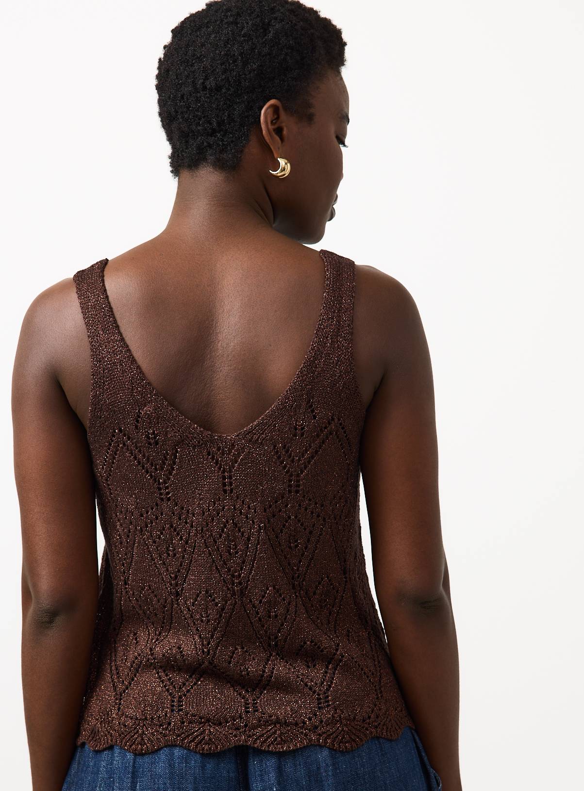 Brown Metallic Pointelle Knitted Vest S - Image 4