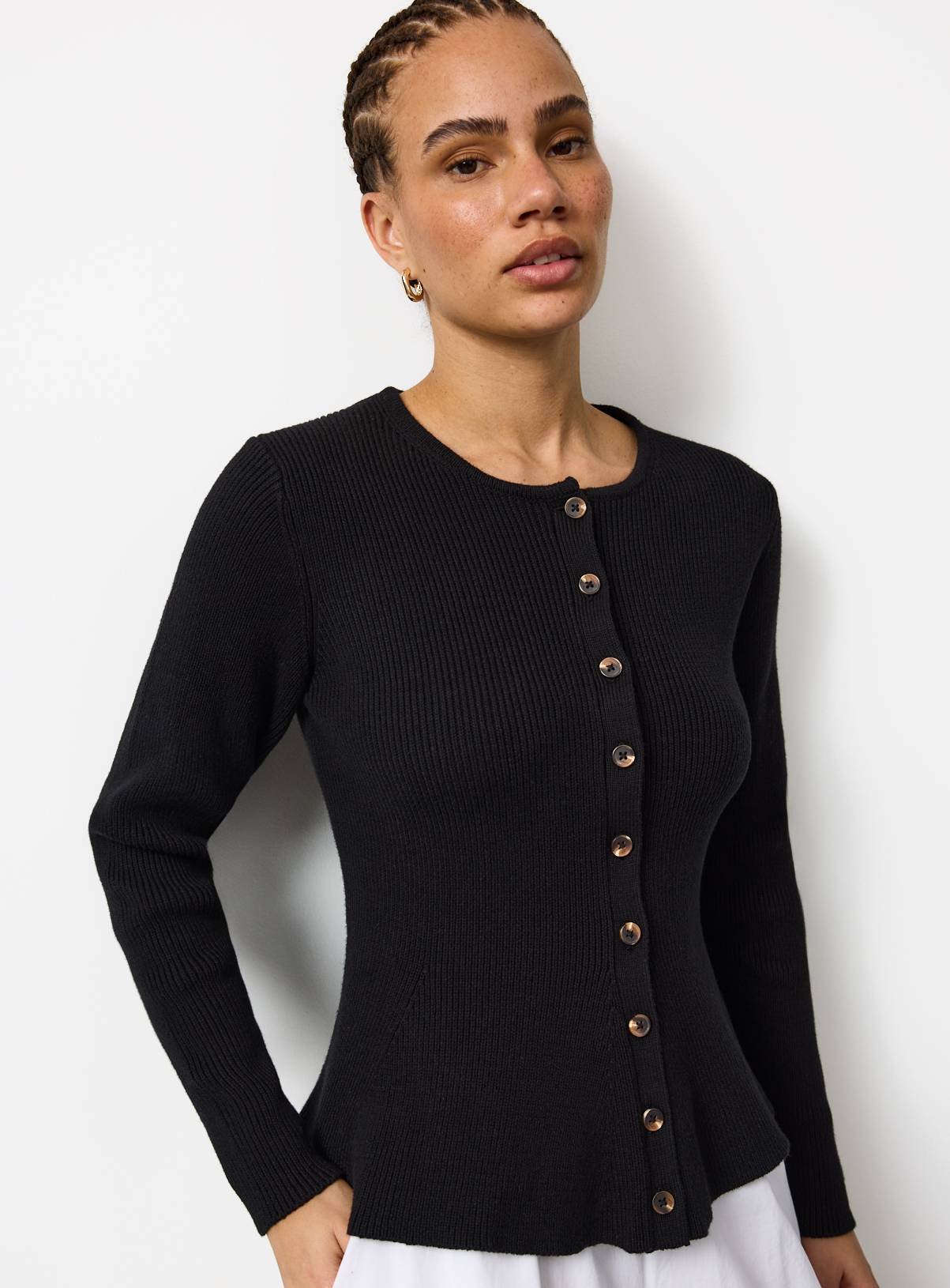 Black Ribbed Peplum Hem Waisted Cardigan 6 - Image 2