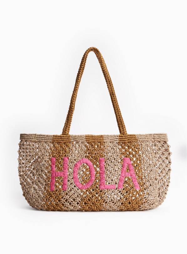 Natural Stripe Print Hola Graphic Straw Beach Bag One Size