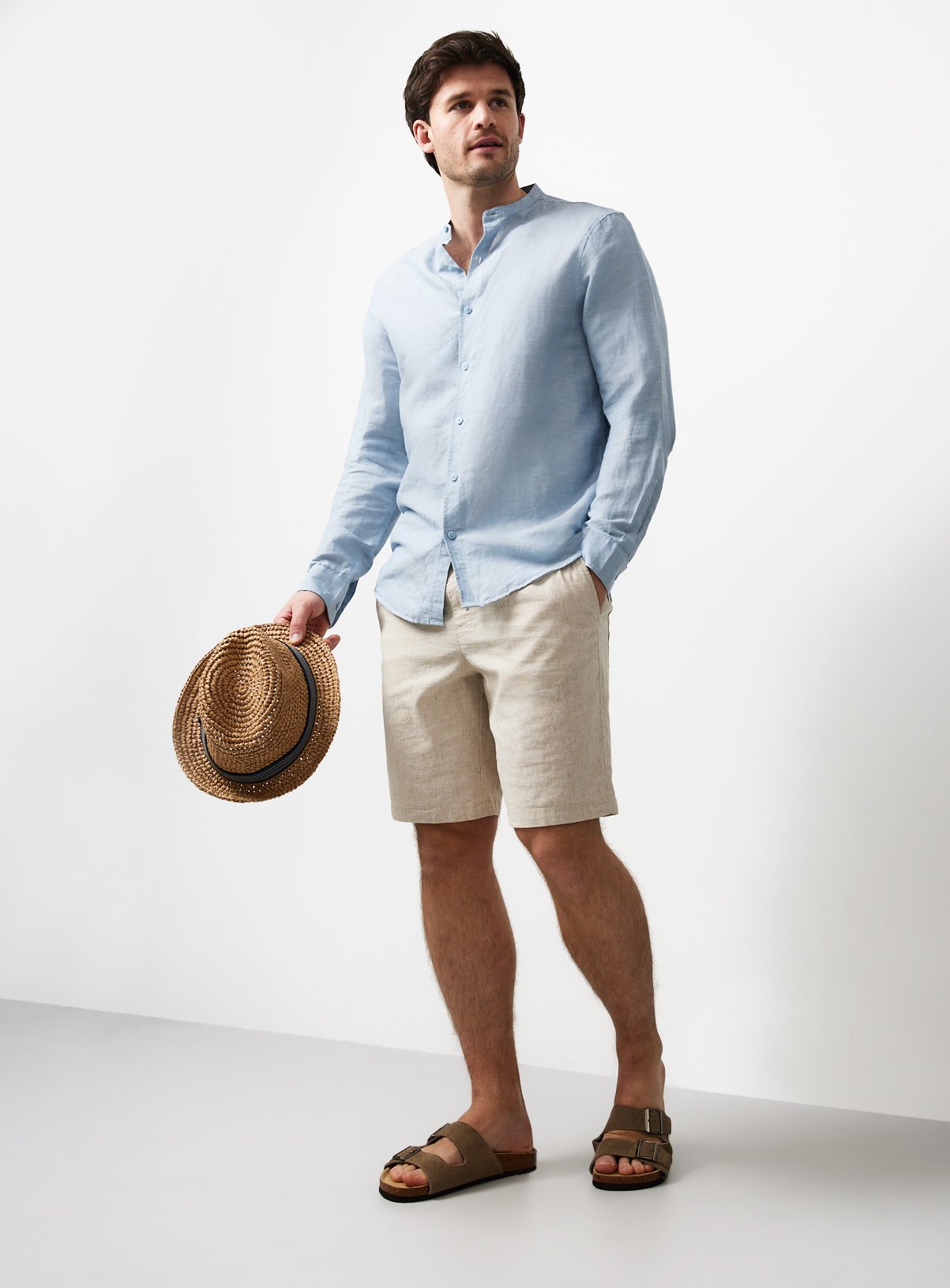Blue Linen & Cotton Blend Grandad Collar Shirt