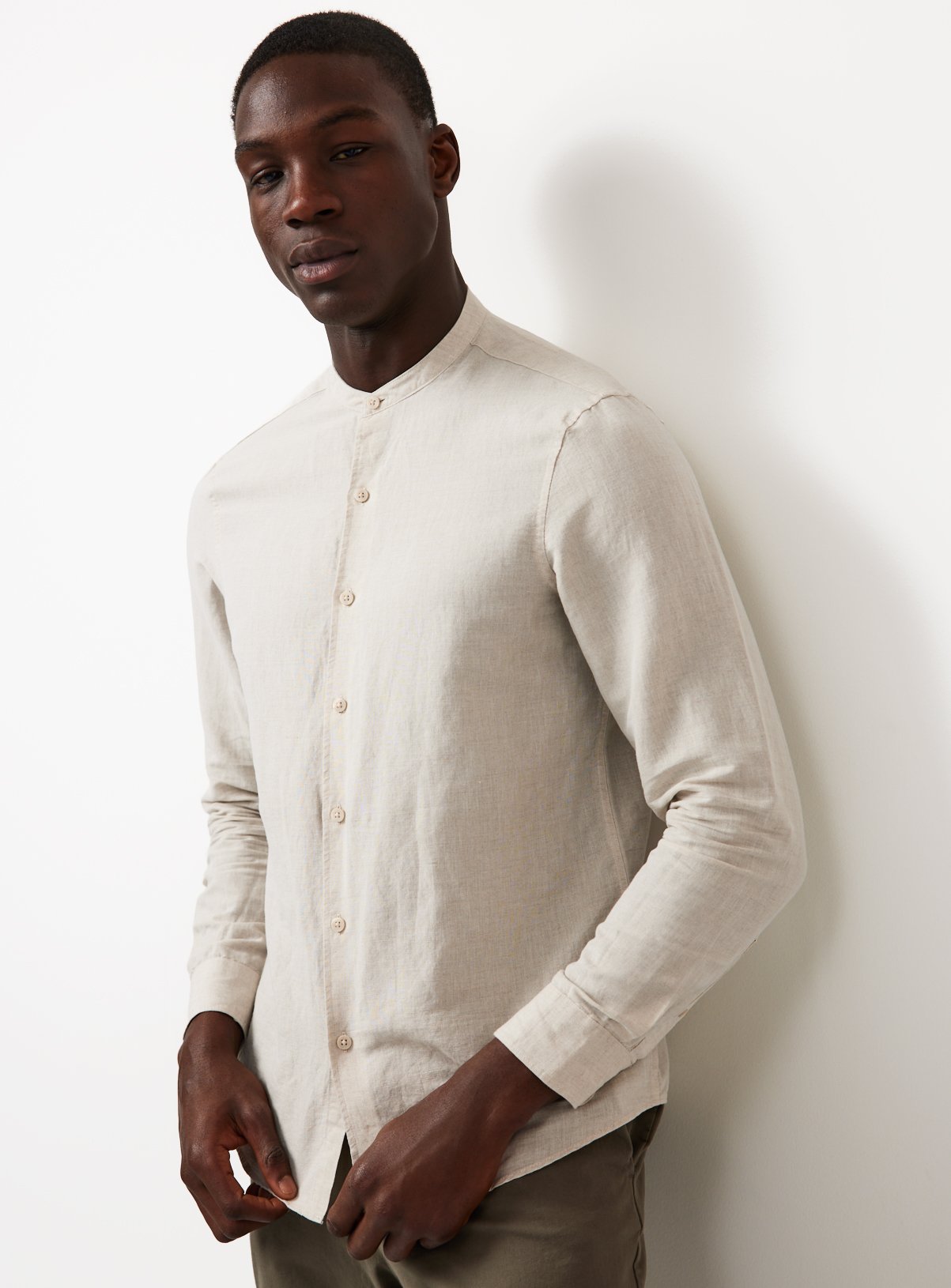 Stone Linen & Cotton Blend Grandad Collar Shirt