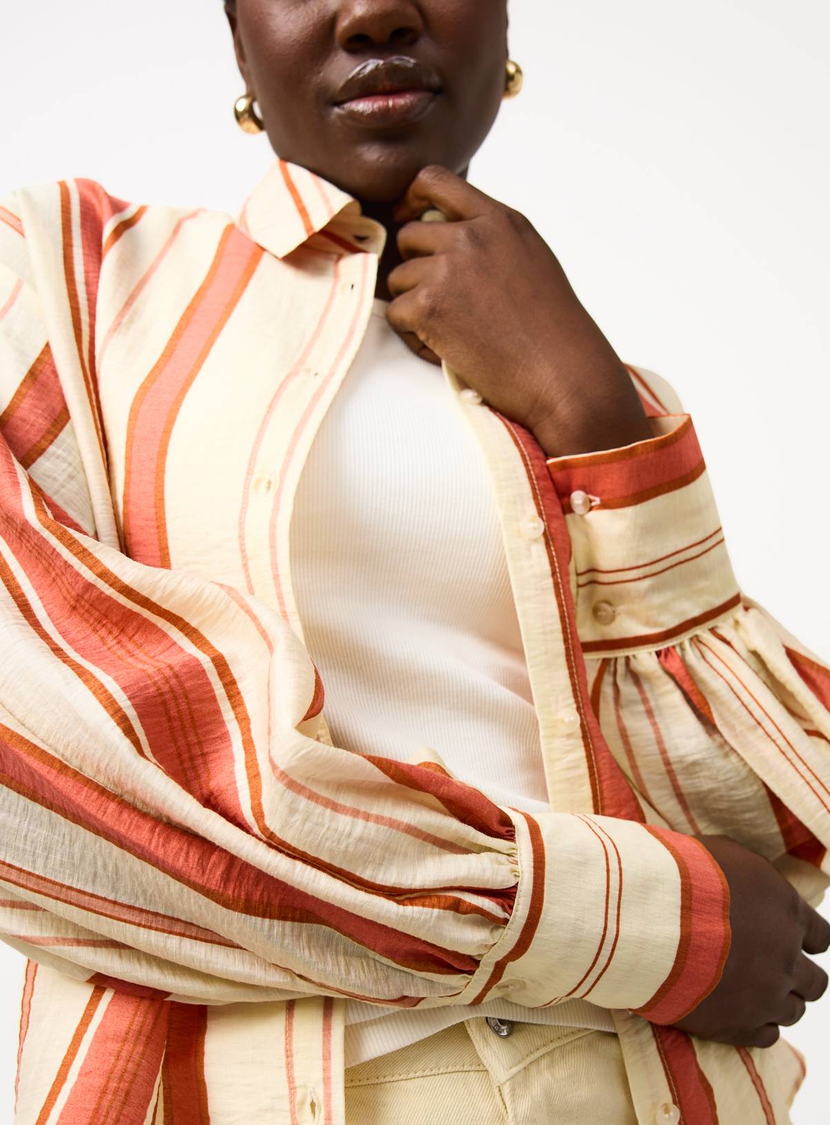 Orange Stripe Print Oversized Fit Balloon Sleeve Shirt 18 - Image 3