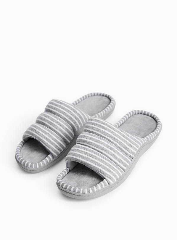 Grey Stripe Print Quilted Cupsole Mule Slippers M