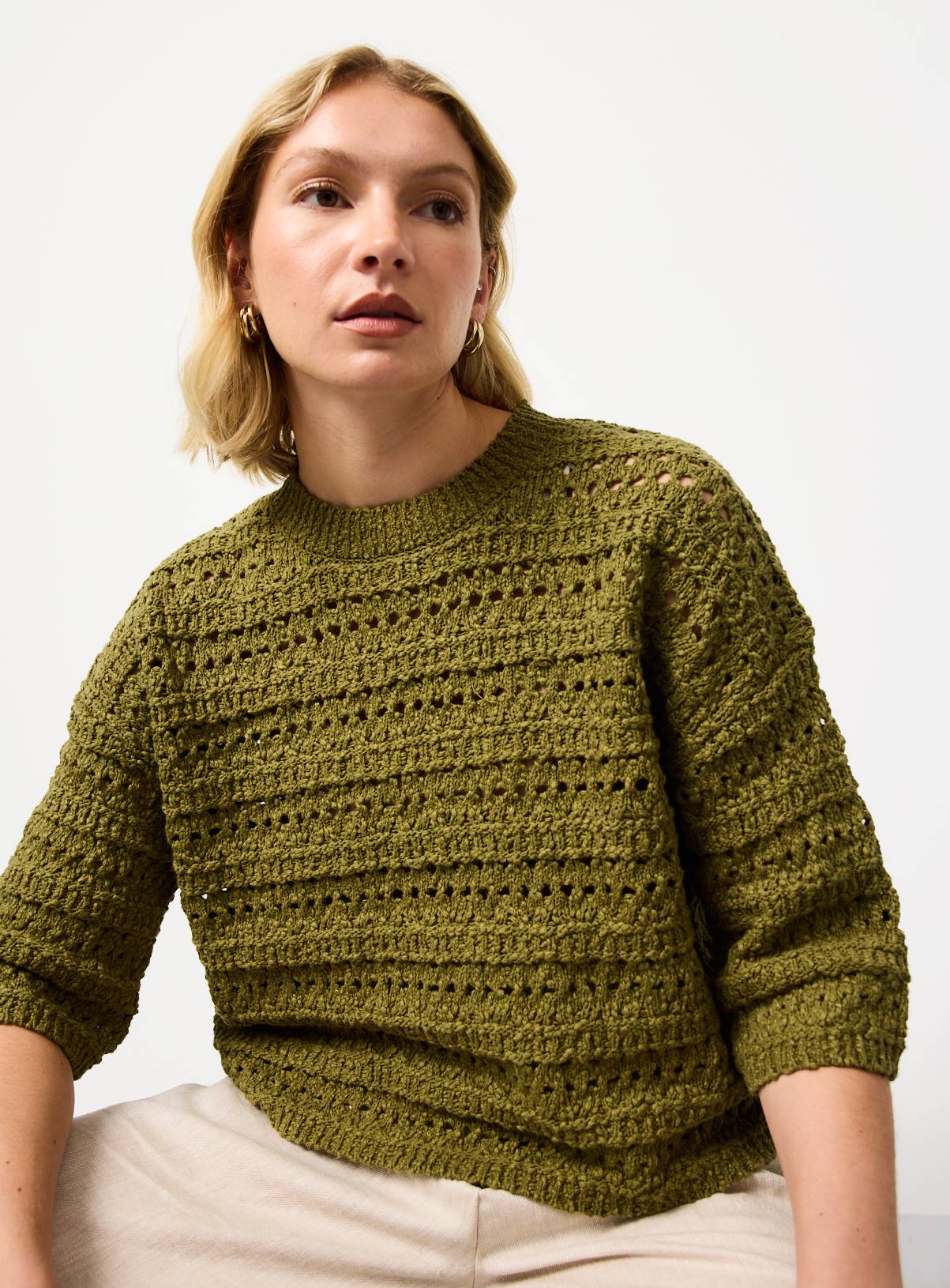 Khaki Slub Stitch Boxy Fit Knitted T-Shirt M - Image 1