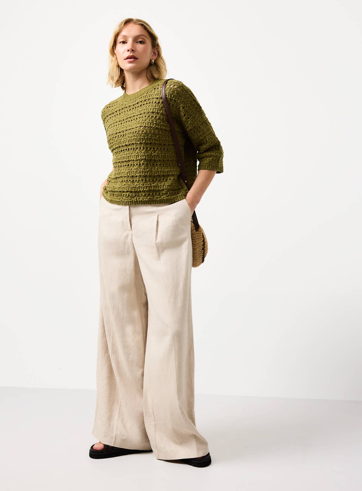 Khaki Slub Stitch Boxy Fit Knitted T-Shirt M - Image 2
