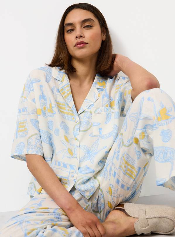 White Coastal Print Short Sleeve Linen Blend Traditional Pyjamas 18
