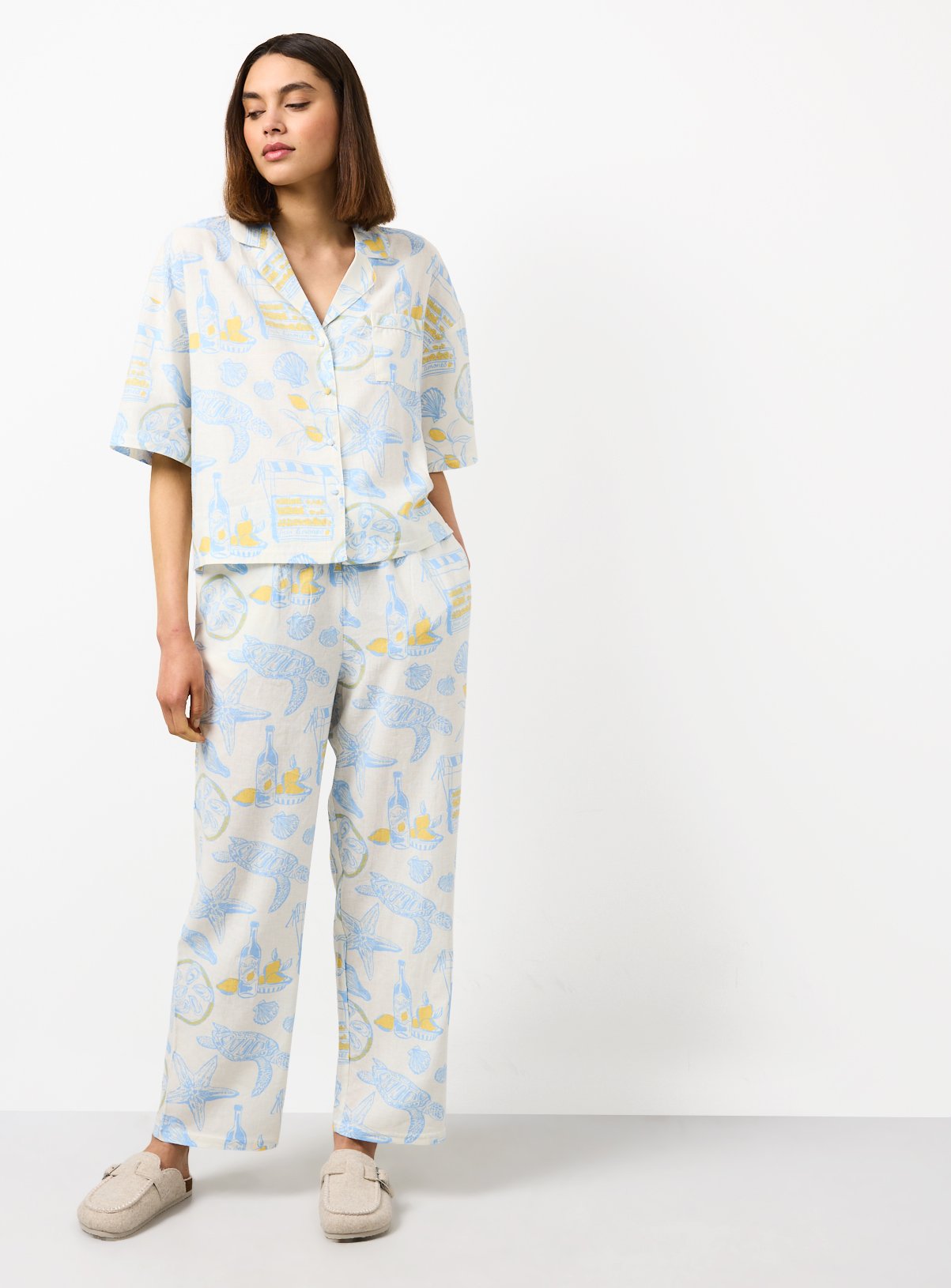 Cream Coastal Print Short Sleeve Linen Blend Traditional Pyjamas 12 - Image 2 thumbnail