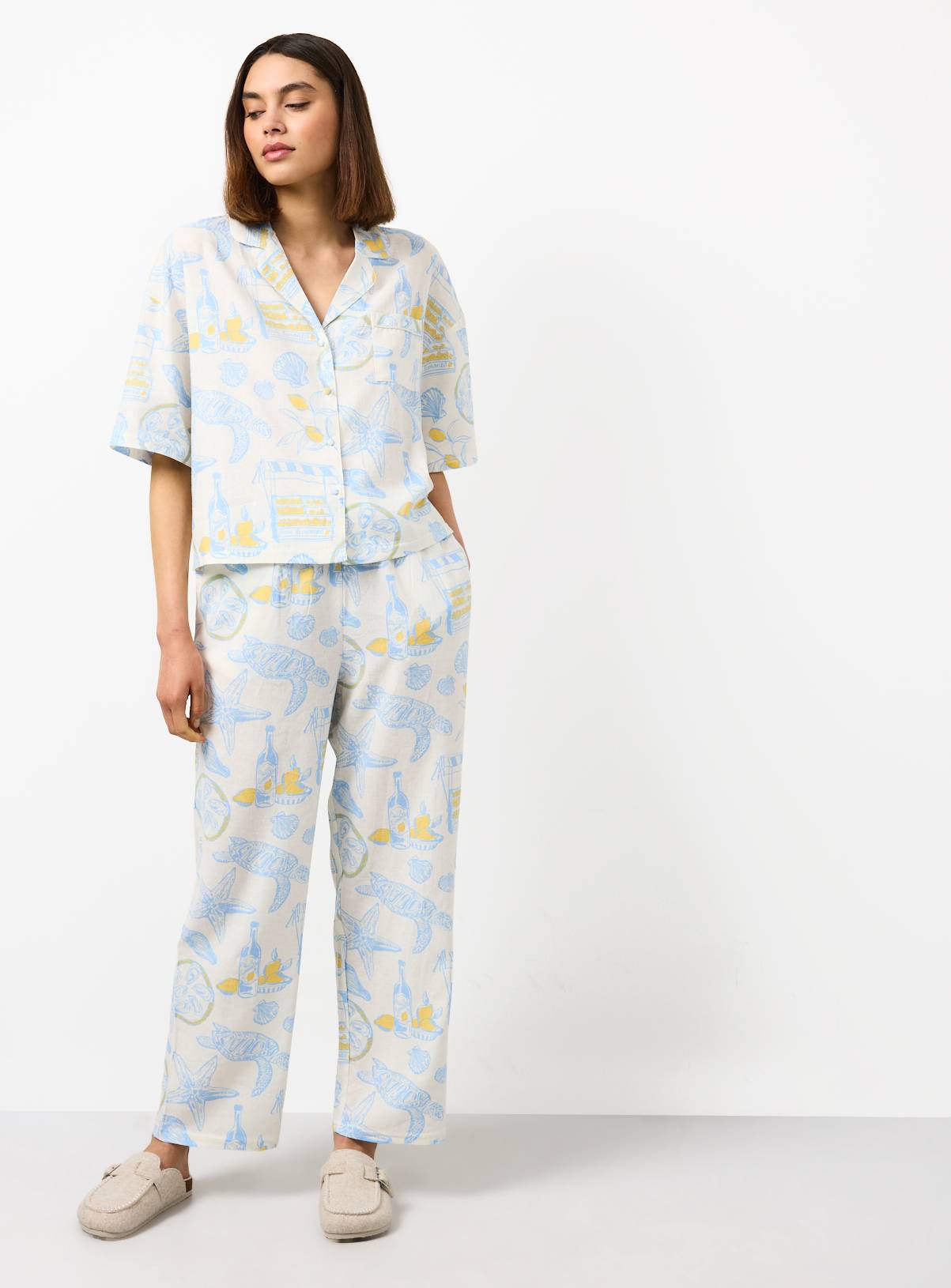 Cream Coastal Print Short Sleeve Linen Blend Traditional Pyjamas 12 - Image 2