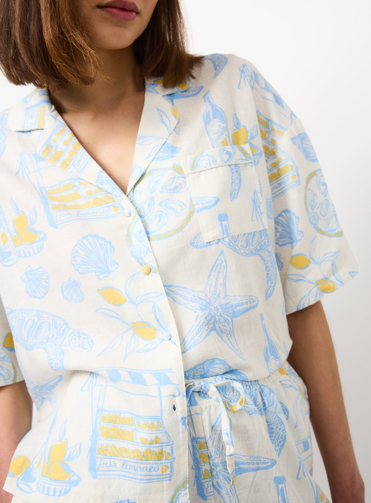 Cream Coastal Print Short Sleeve Linen Blend Traditional Pyjamas 12 - Image 3 thumbnail