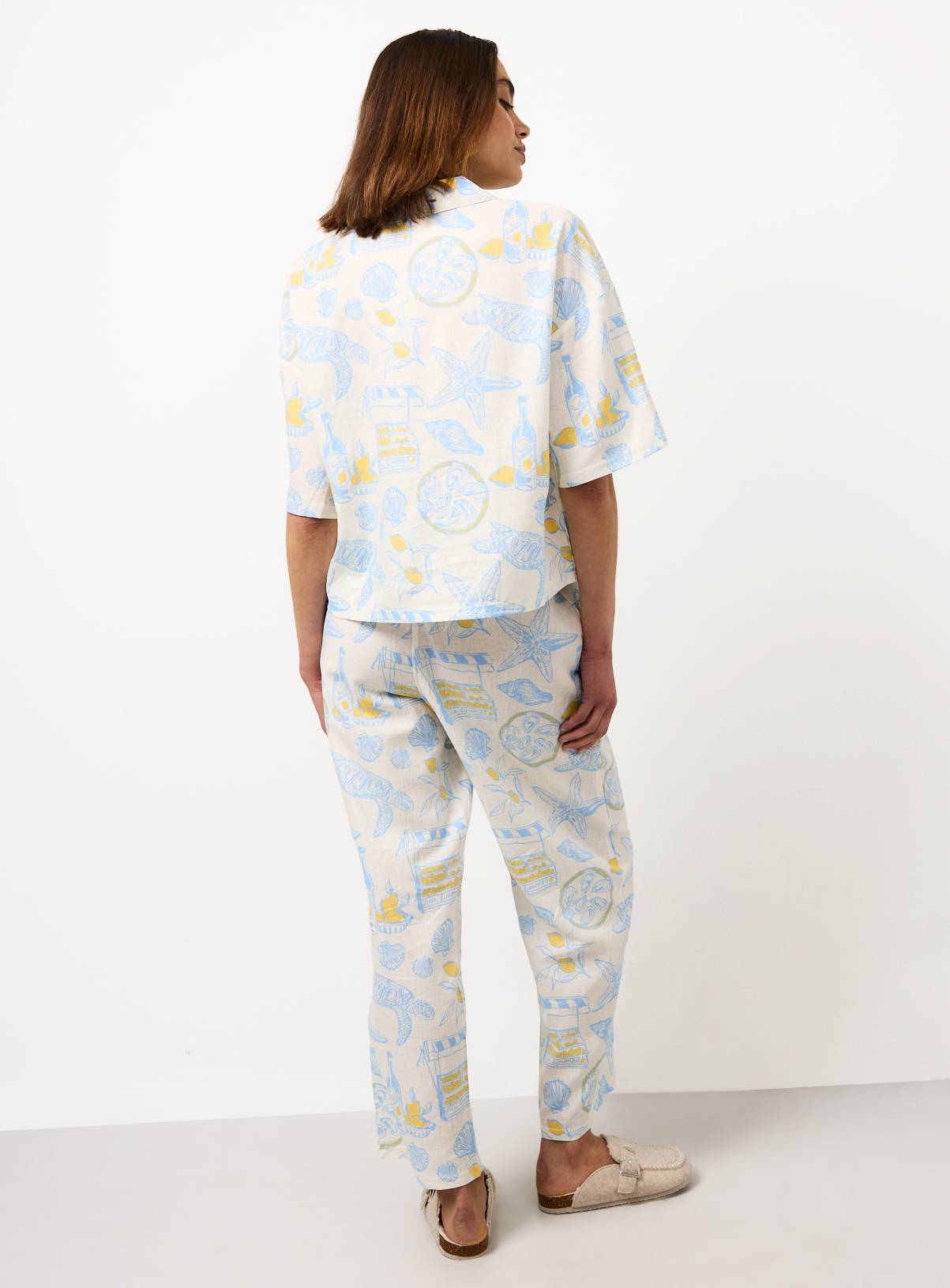 Cream Coastal Print Short Sleeve Linen Blend Traditional Pyjamas 12 - Image 4