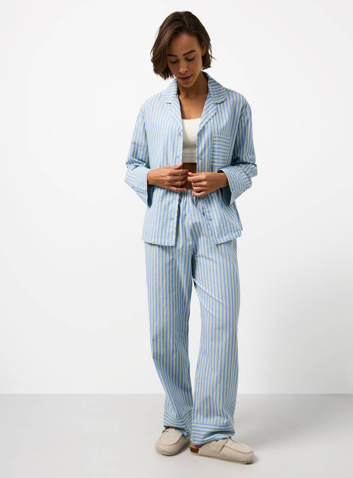 Blue Stripe Print Poplin Traditional Pyjamas S - Image 1