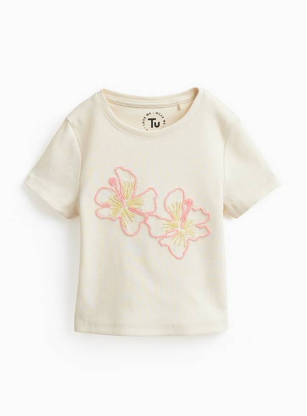 Cream Ribbed Beaded Flower T-Shirt 8 years