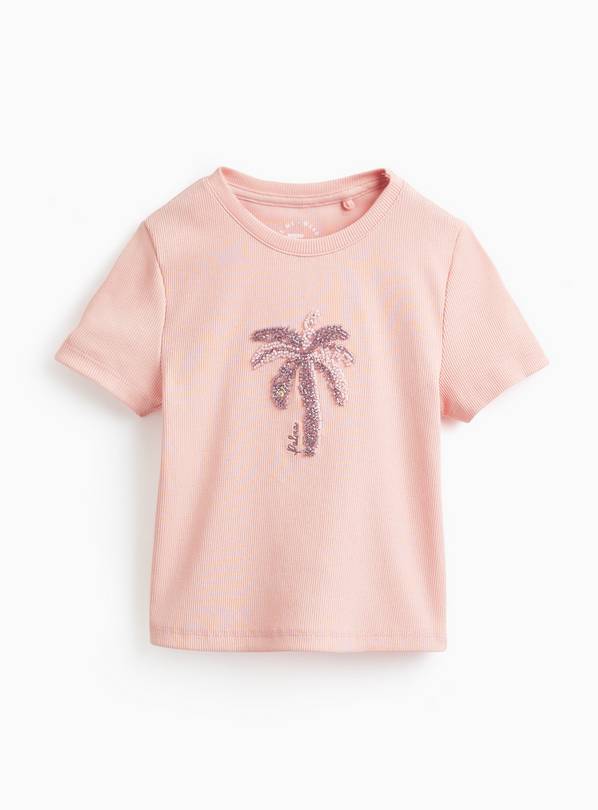 Pink Ribbed Beaded Flower T-Shirt 12 years