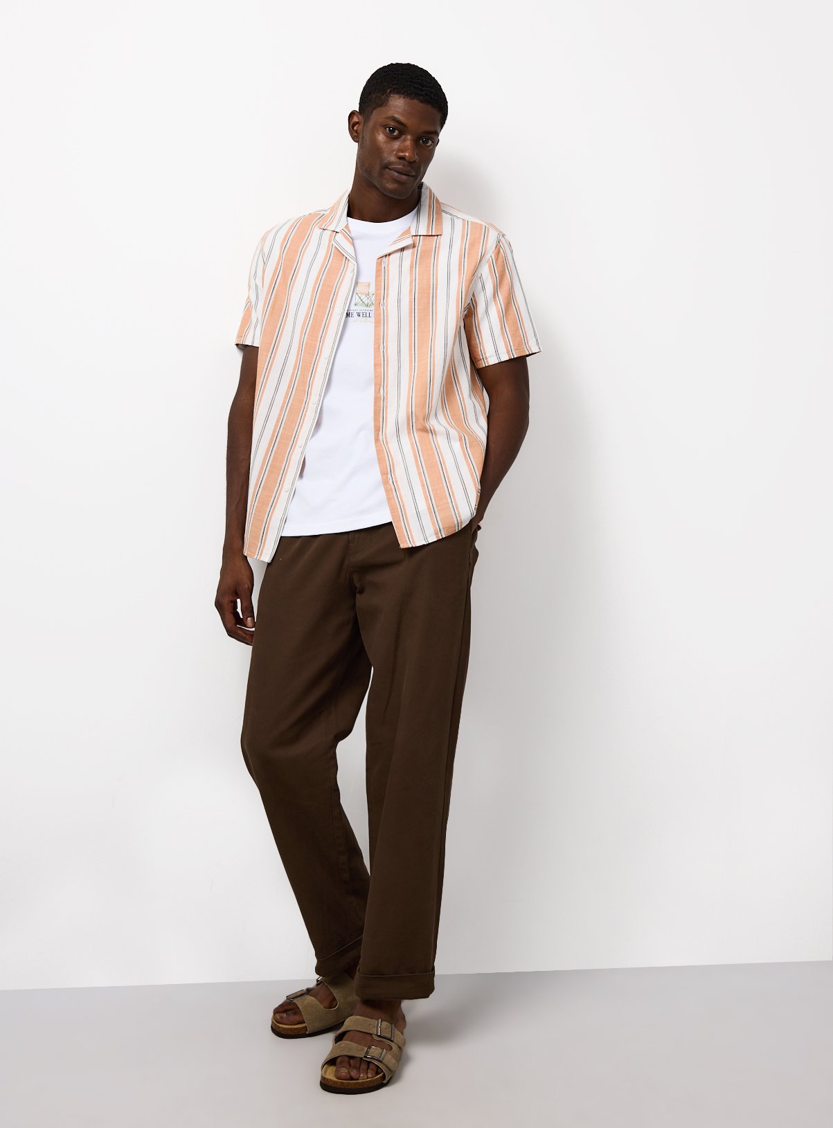 Orange Stripe Print Revere Neck Shirt L - Image 2 thumbnail