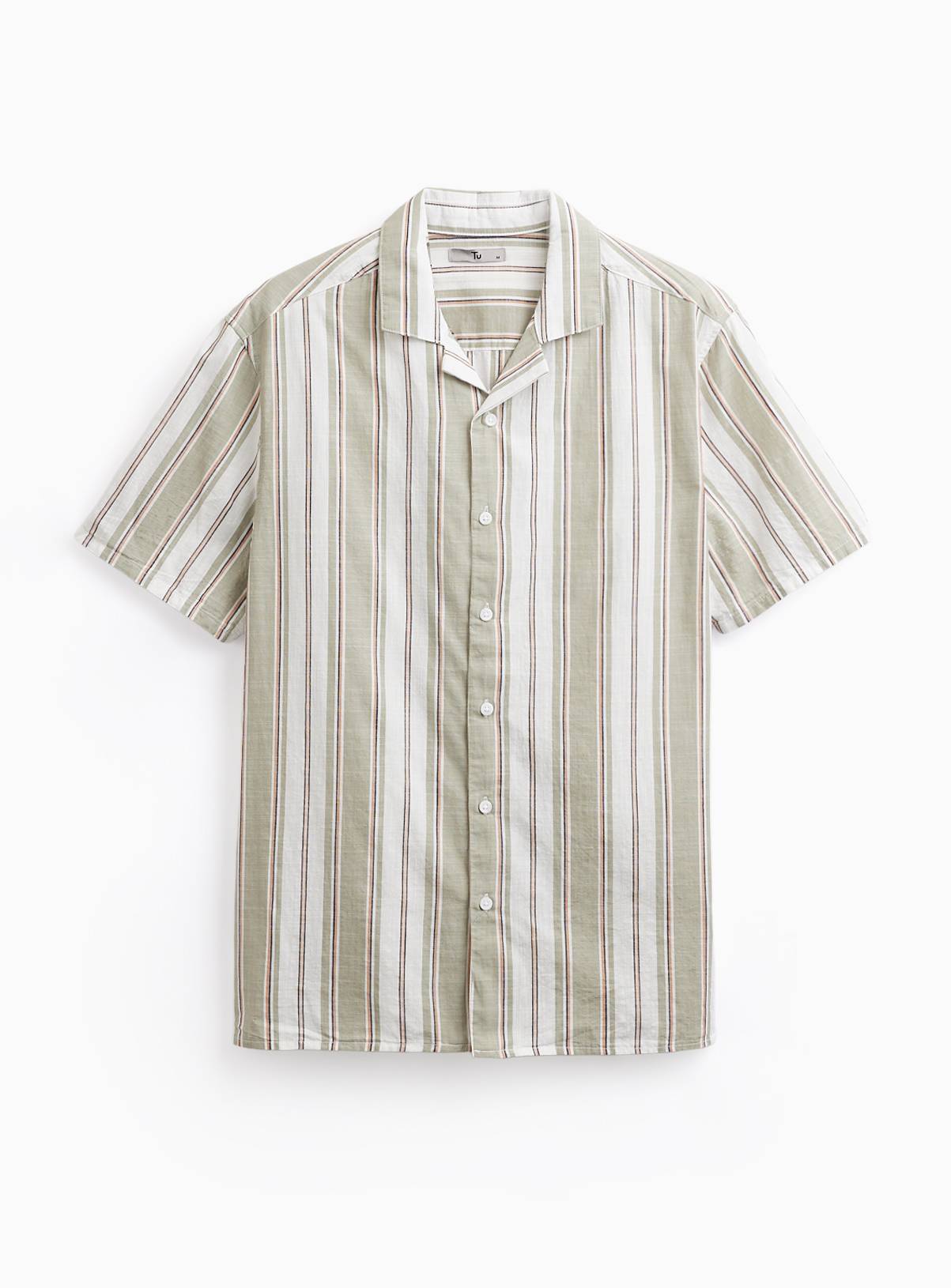 Khaki Stripe Print Revere Neck Shirt M - Image 2