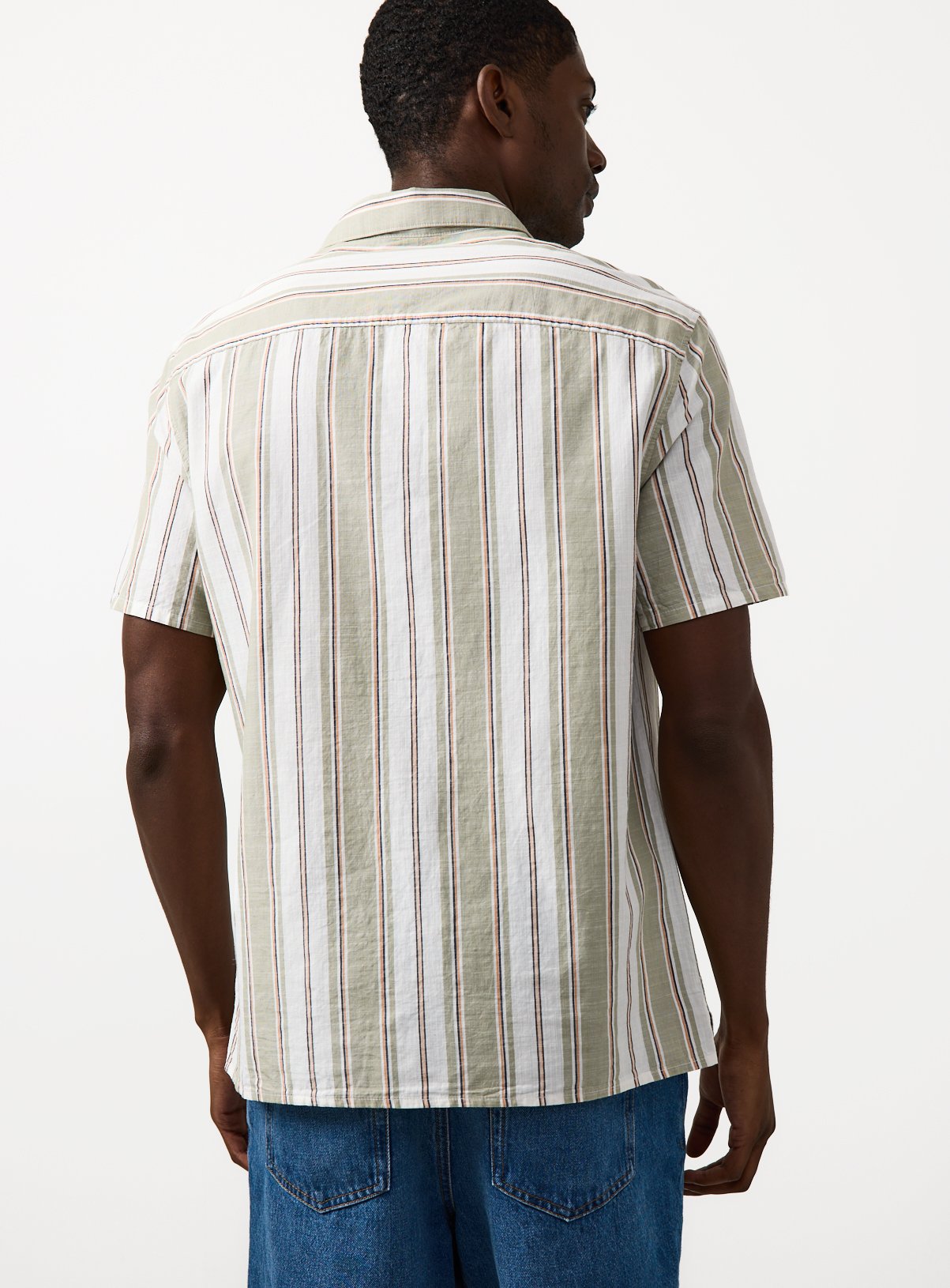 Khaki Stripe Print Revere Neck Shirt M - Image 4 thumbnail