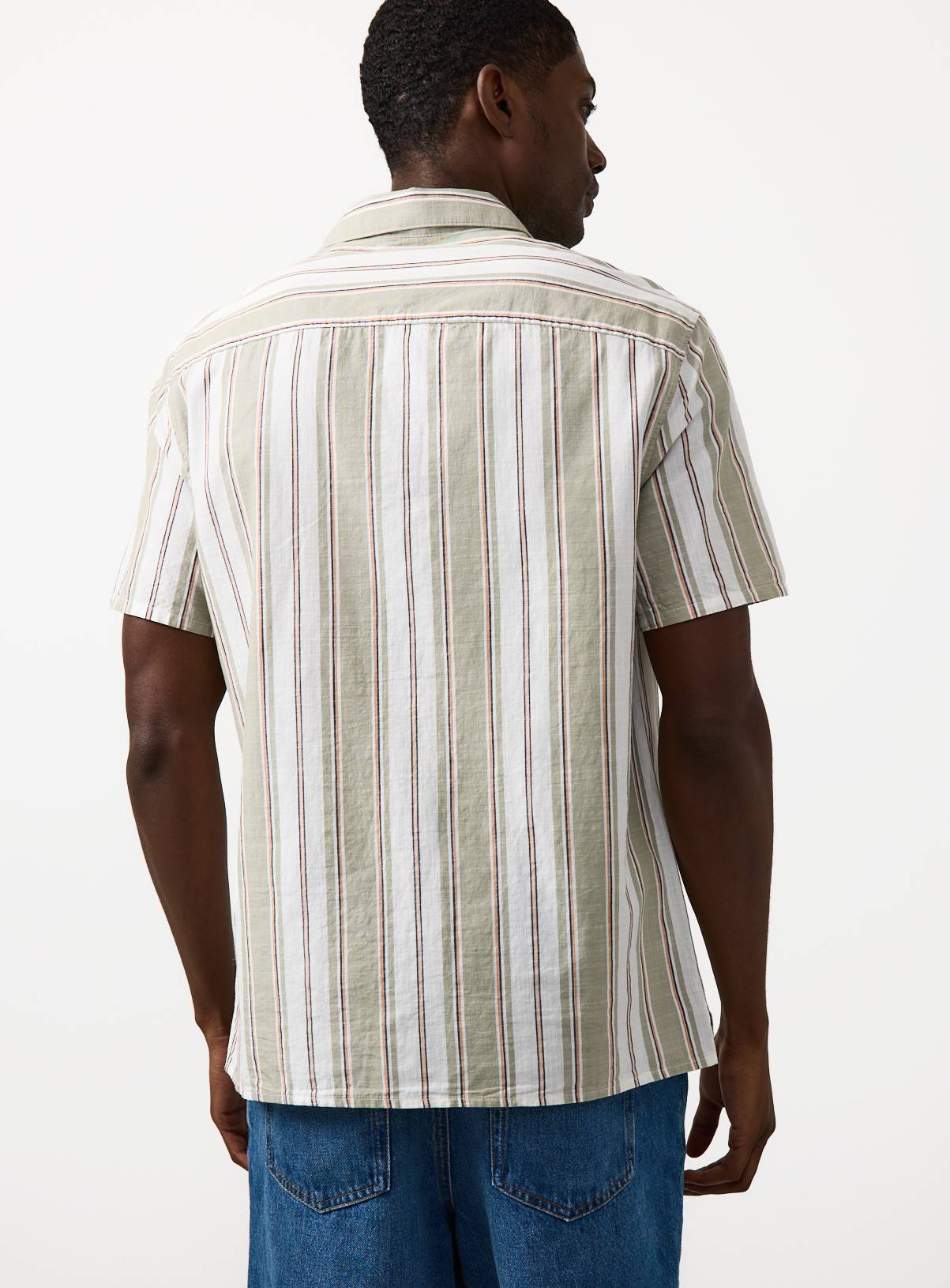Khaki Stripe Print Revere Neck Shirt M - Image 4