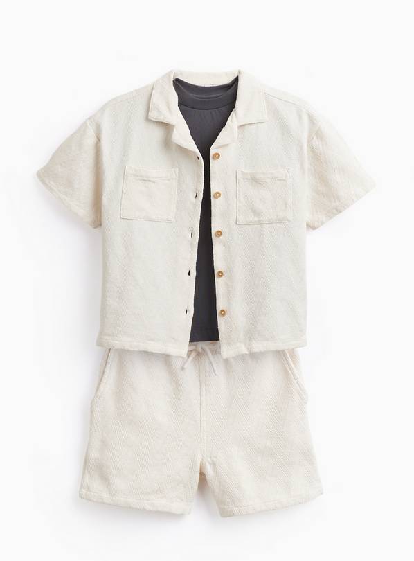 Cream Textured Shirt & Shorts 3 Piece Set 12 years