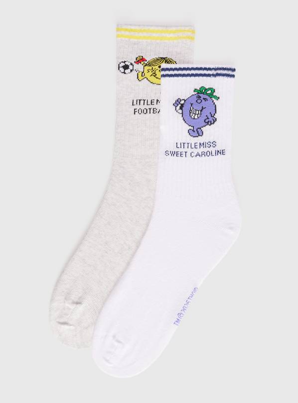 White Mr Men and Little Miss Football Print Ankle Socks 2 Pack 4-8
