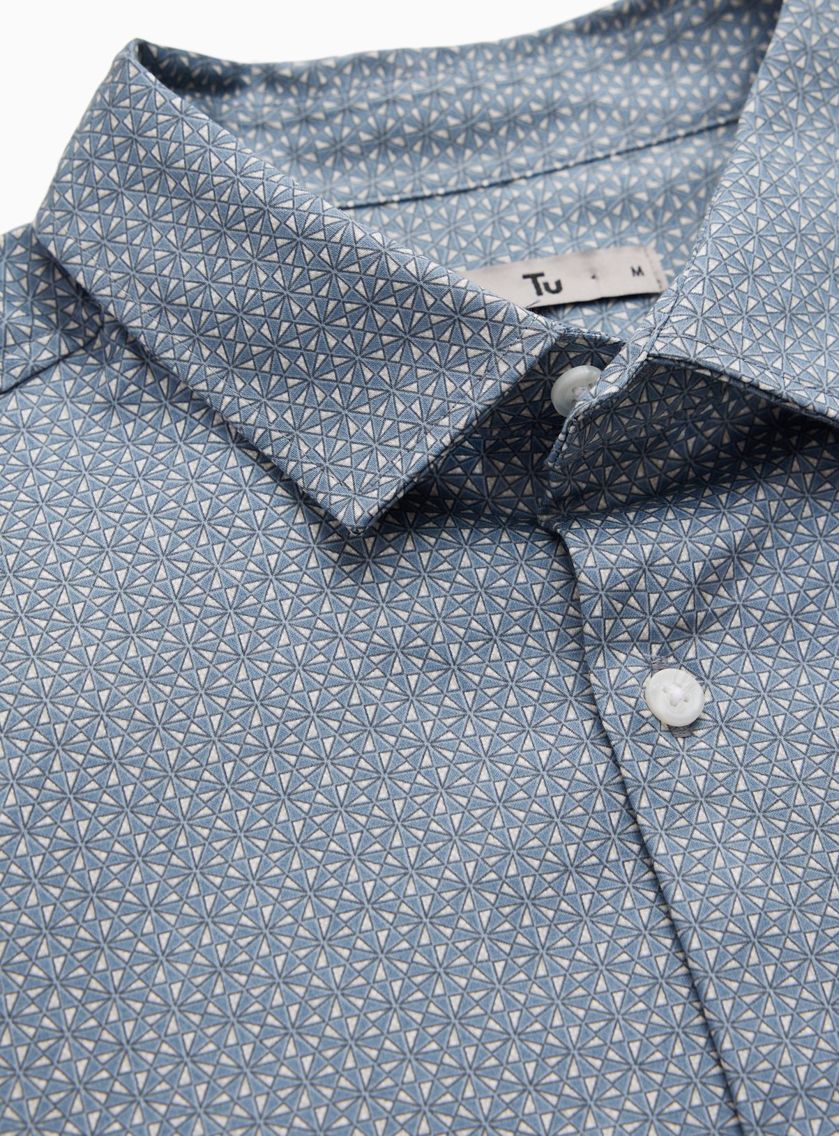 Blue Geo Print Satin Short Sleeve Slim Fit Shirt XL - Image 2 thumbnail