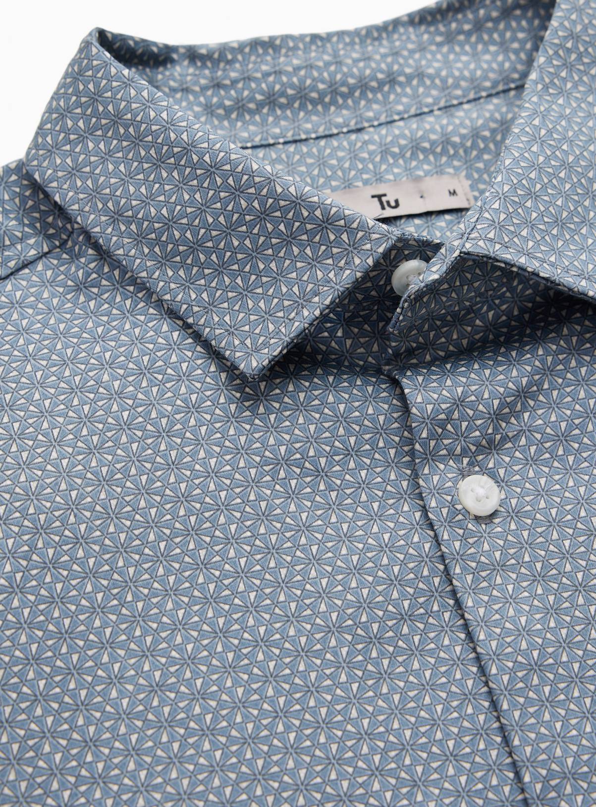 Blue Geo Print Satin Short Sleeve Slim Fit Shirt XL - Image 3