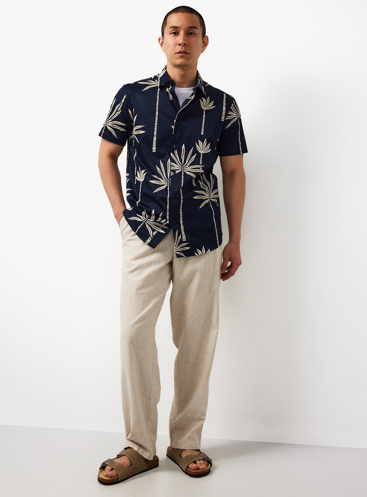 Navy Palm Tree Print Satin Slim Fit Short Sleeve Shirt XXXL - Image 2 thumbnail