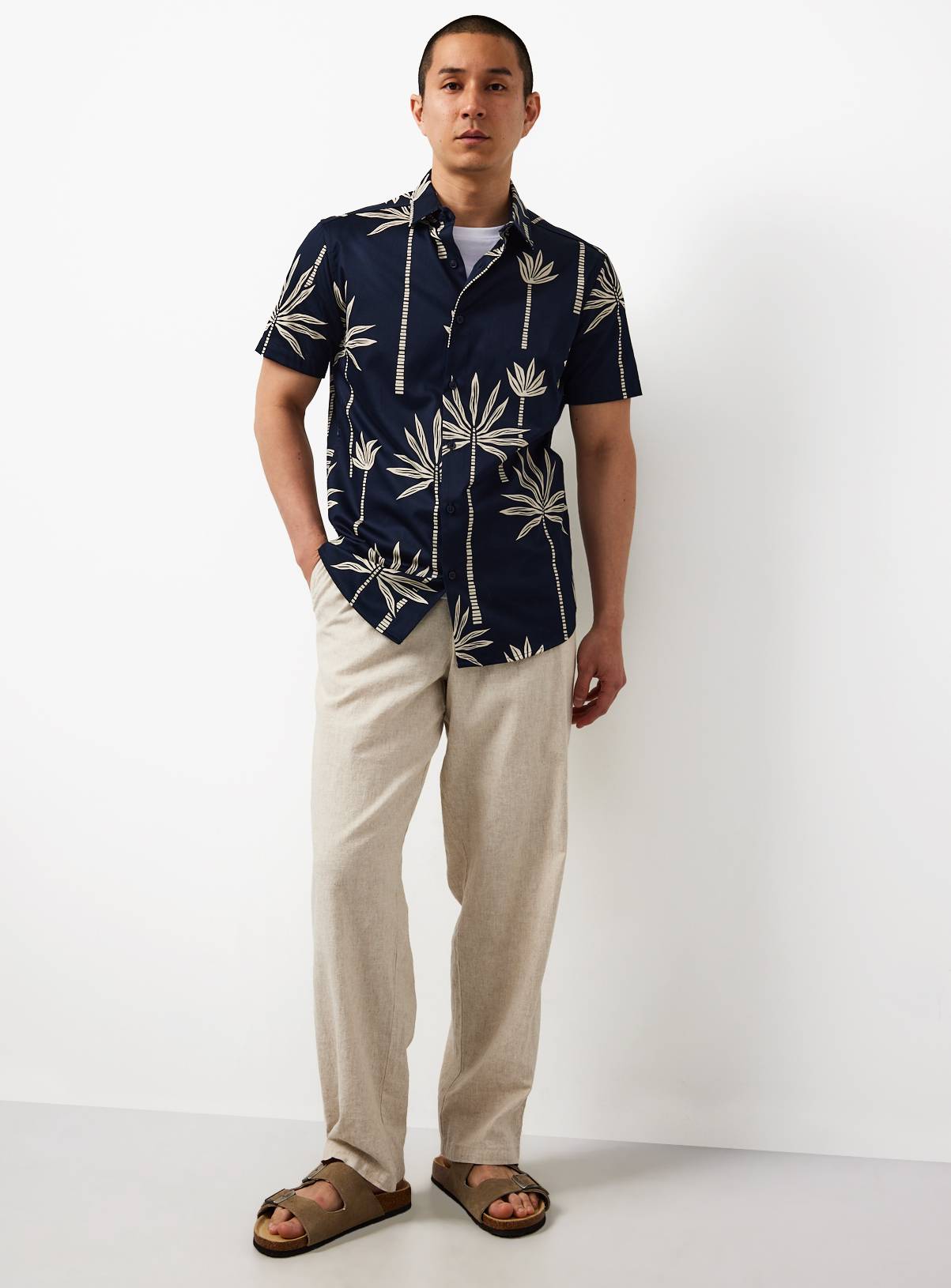 Navy Palm Tree Print Satin Slim Fit Short Sleeve Shirt XXXL - Image 2