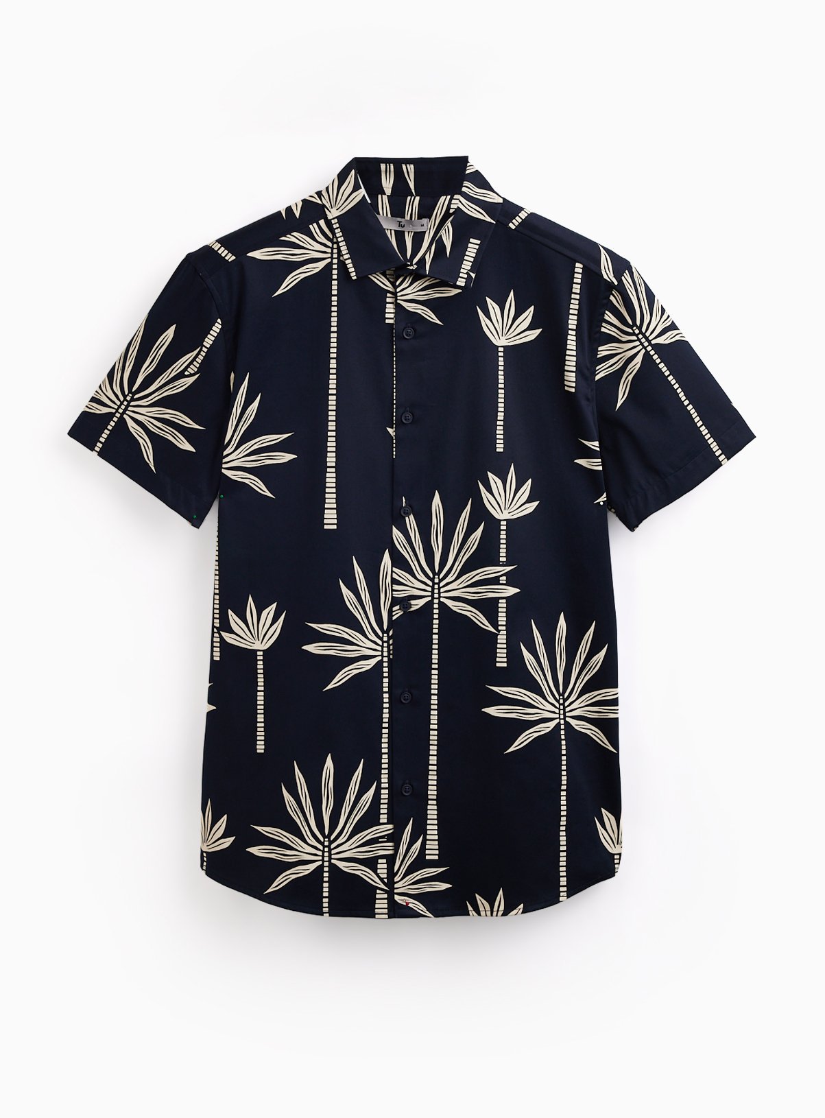 Navy Palm Tree Print Satin Slim Fit Short Sleeve Shirt XXXL - Image 3 thumbnail