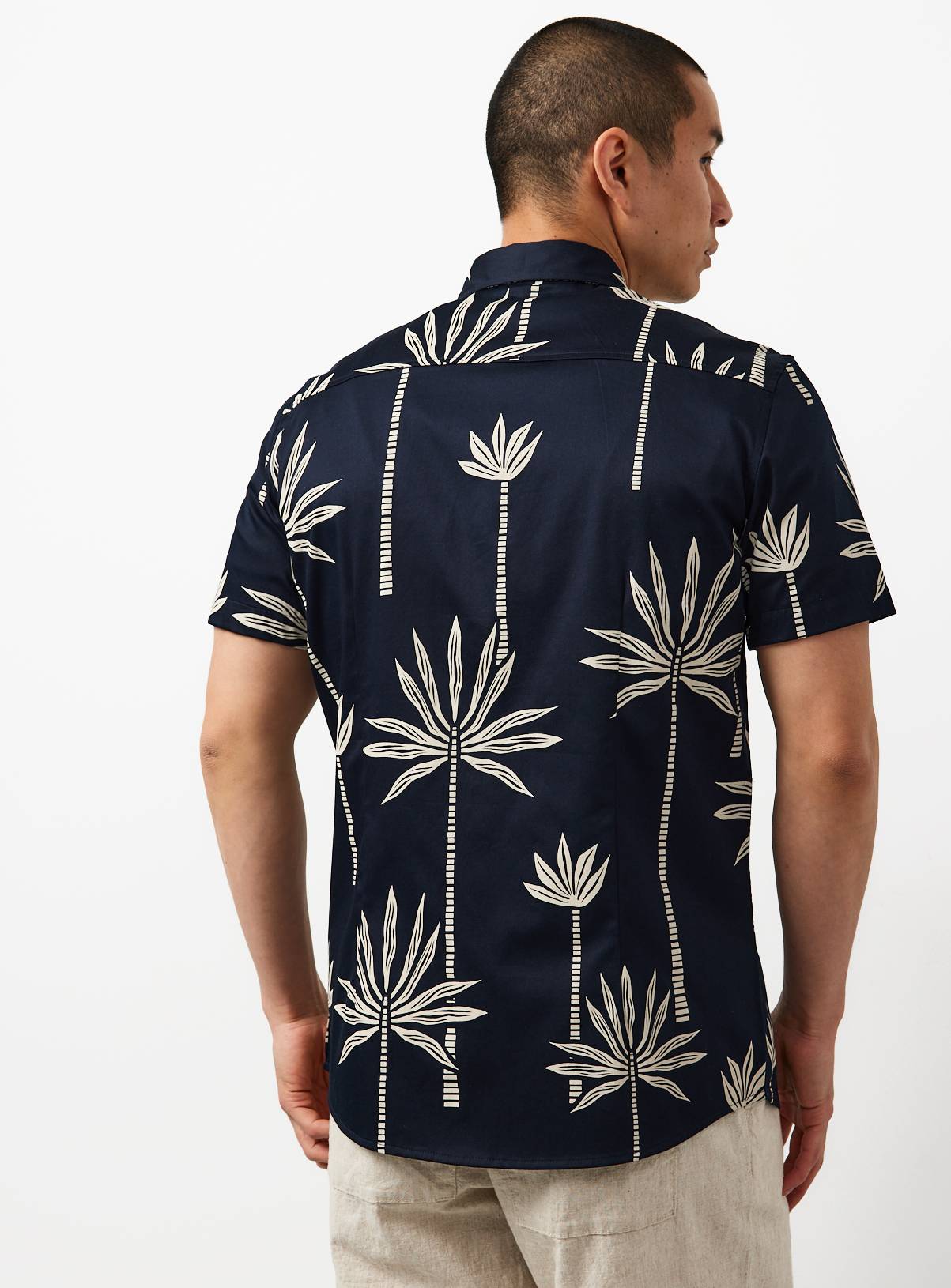 Navy Palm Tree Print Satin Slim Fit Short Sleeve Shirt XXXL - Image 5